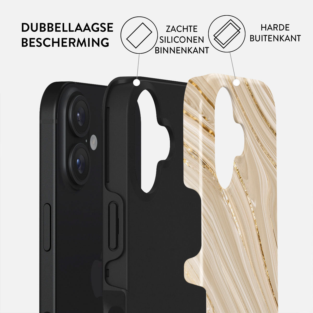 Een telefoonhoesje met een zwarte binnenlaag, een beige marmeren buitenlaag en tekst die 'dubbele bescherming' aangeeft.
