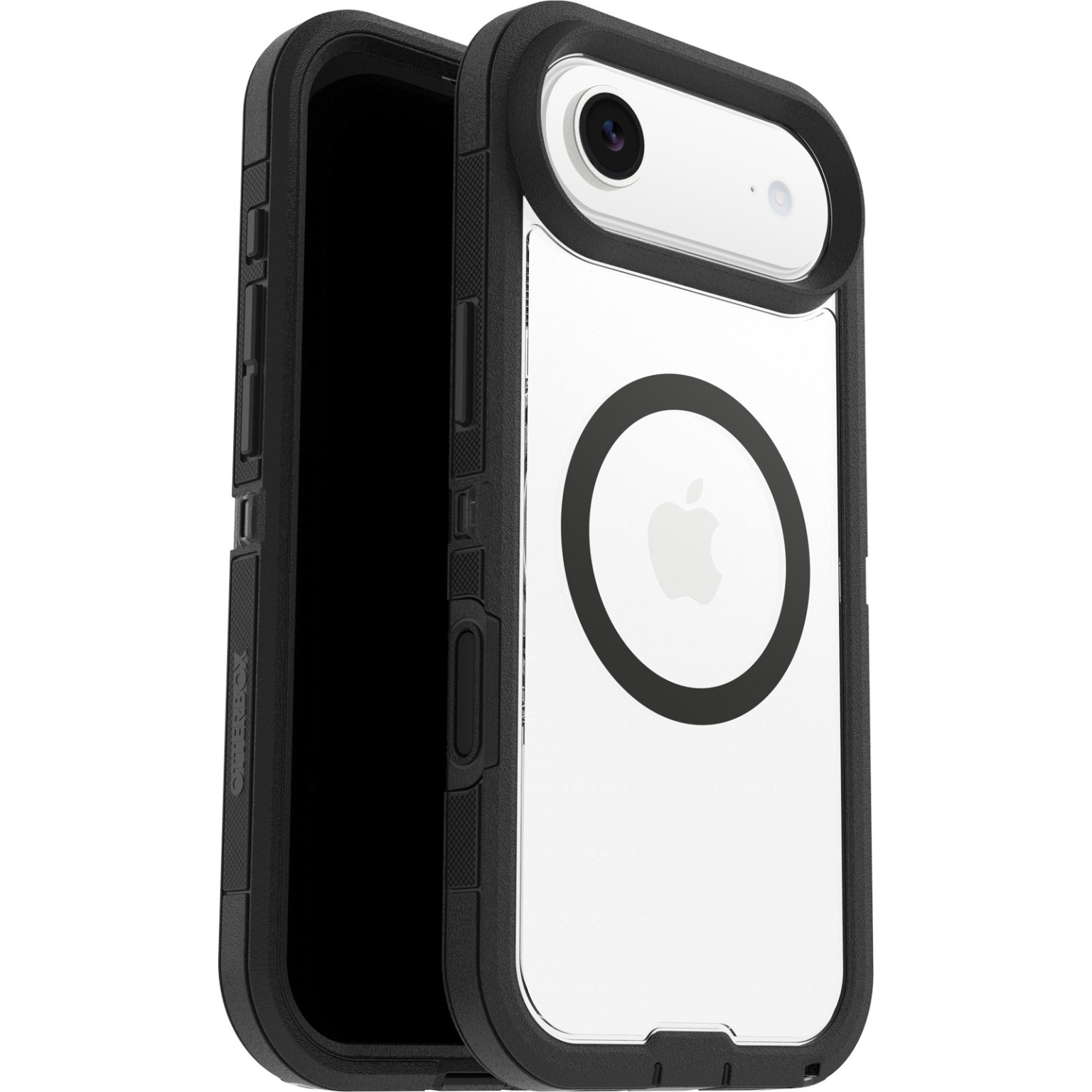 Eine transparente Handyhülle mit schwarzem Stoßfänger. In der Mitte befindet sich ein Apple-Logo. Die Kamera ist oben sichtbar.