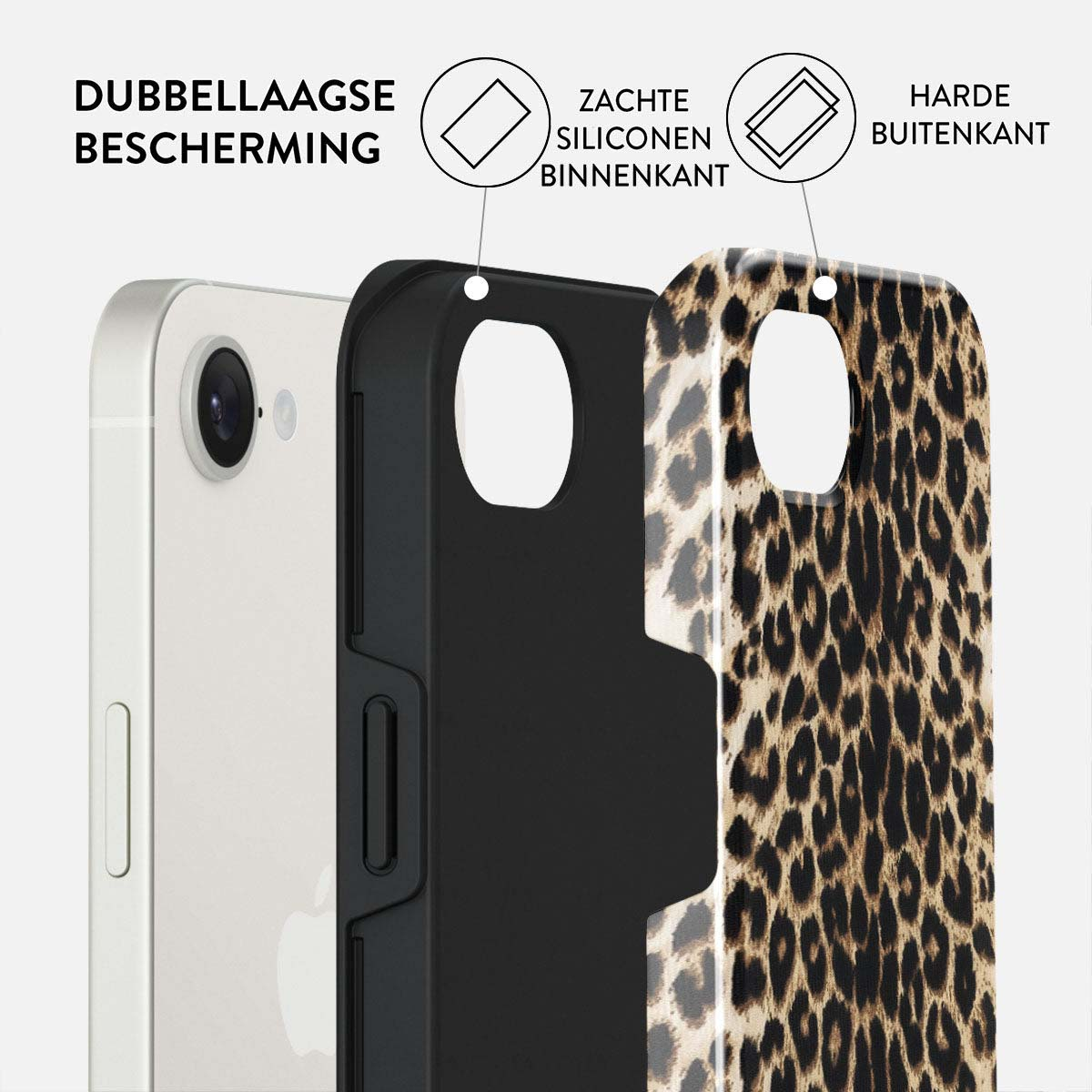 Afbeelding toont een telefoon en een hoesje. De hoes bestaat uit drie delen: een zachte siliconen binnenlaag, een harde buitenlaag en een luipaardprint.