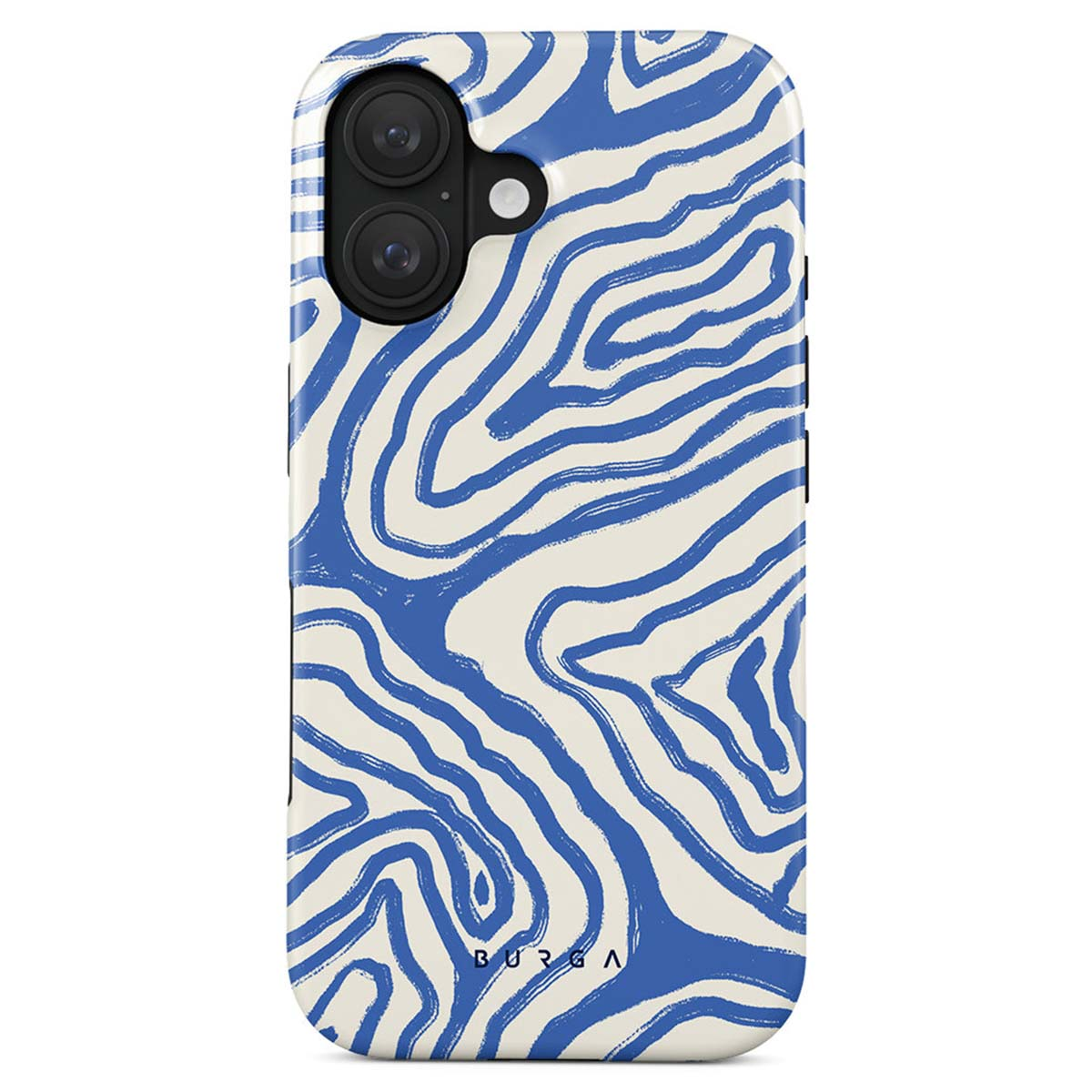 Een telefoonhoesje met een blauw zebraprint ontwerp op een gebroken witte achtergrond. Het heeft een camera-uitsparing en de merknaam onderaan.
