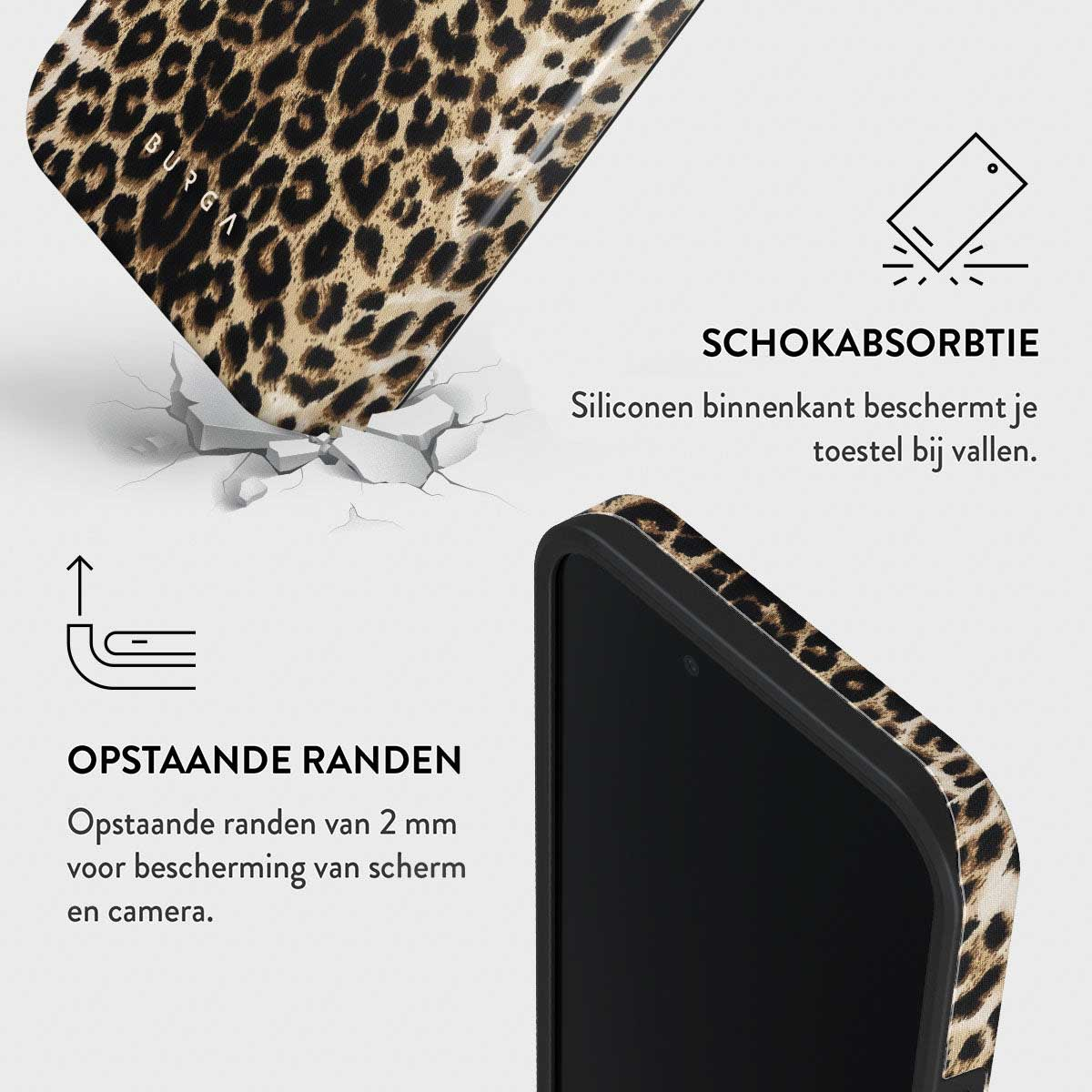 Een telefoonhoesje met luipaardprint, gepresenteerd met graphics die de kenmerken uitleggen: schokabsorptie en verhoogde randen.