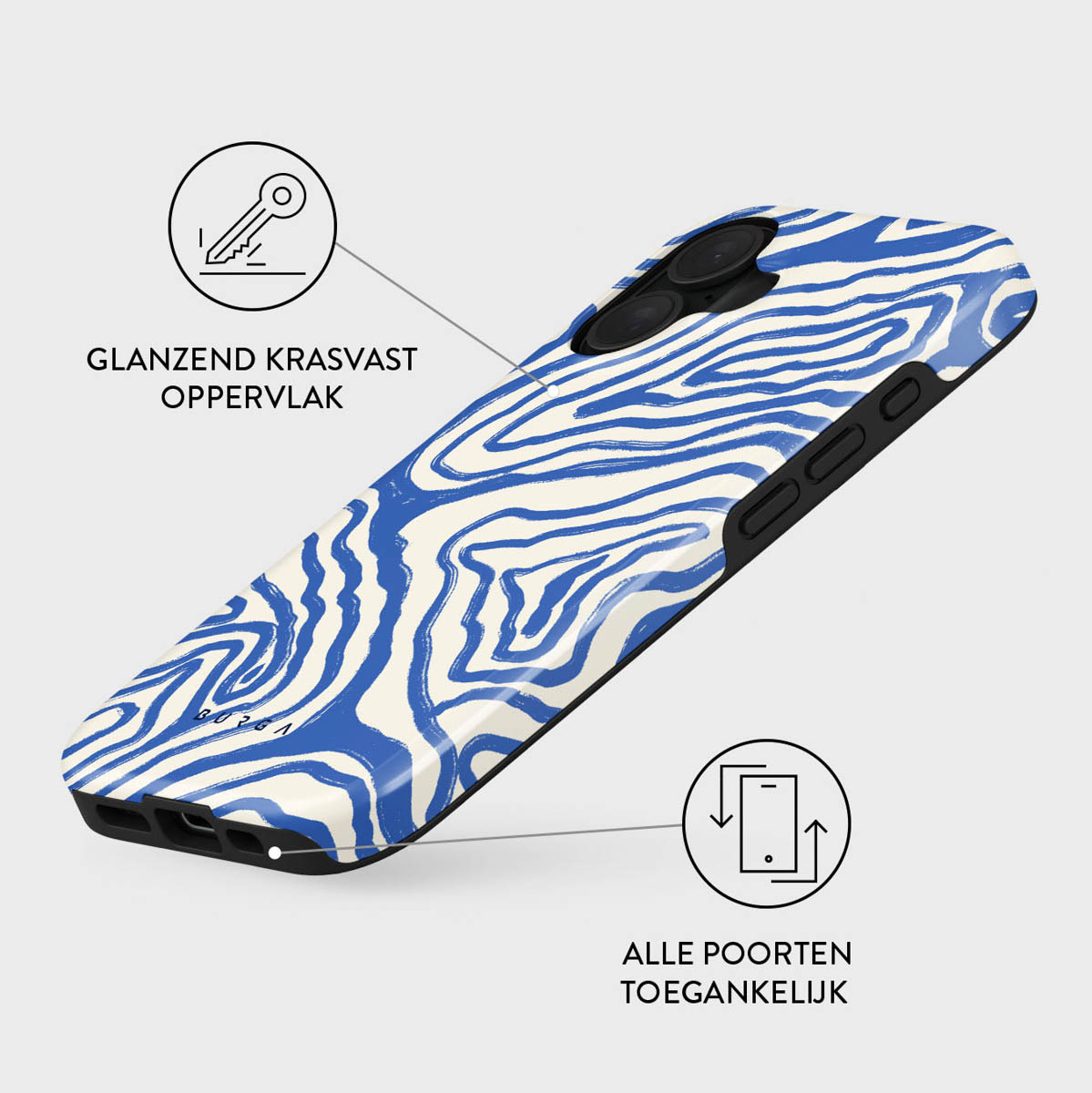 Een telefoonhoesje met blauw-witte zebraprint. Kenmerken zijn een glanzend, krasbestendig oppervlak en toegankelijke poorten. Sleutelpictogram getoond.