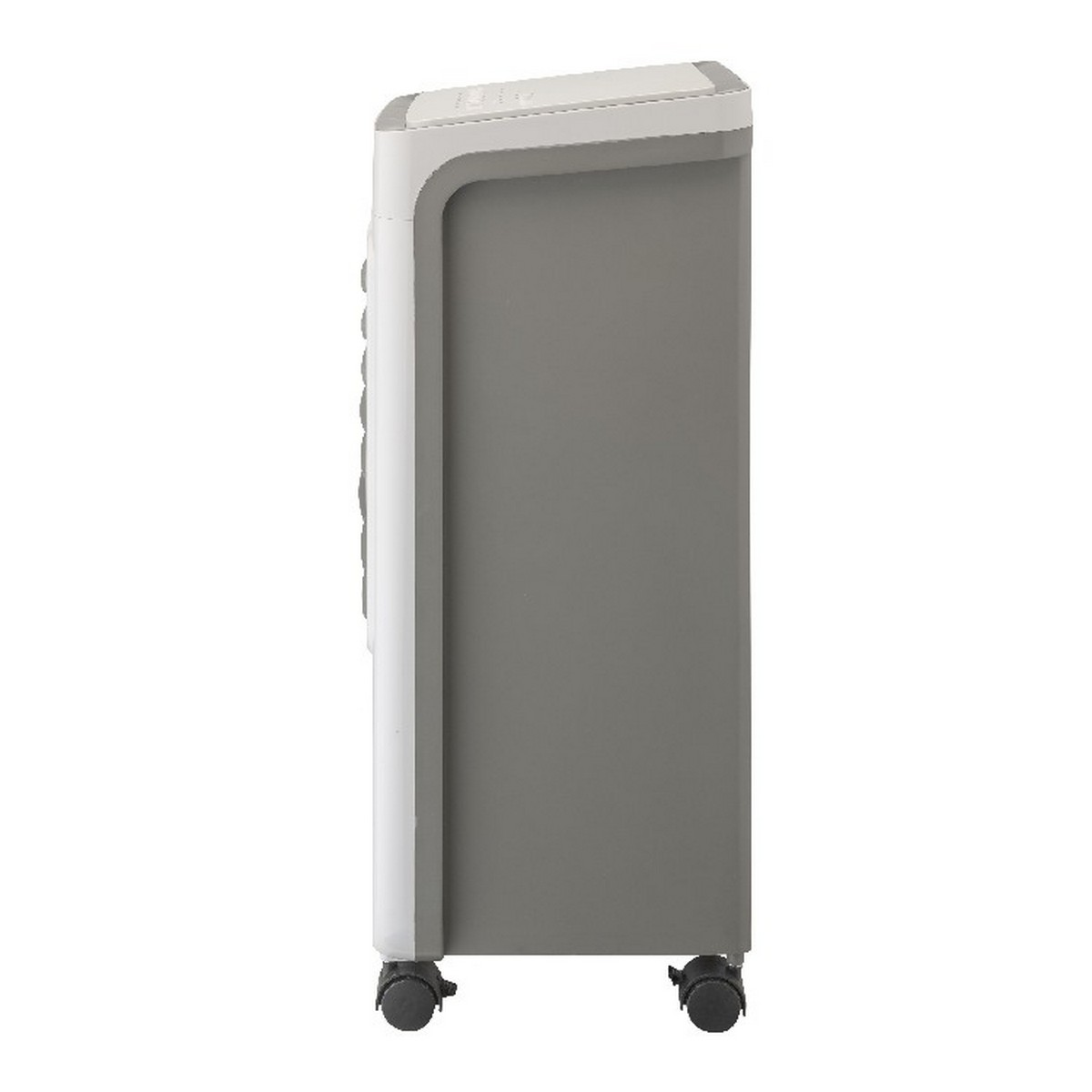 Un condizionatore grigio e bianco su ruote. Ha un design rettangolare con angoli arrotondati e un pannello di controllo.