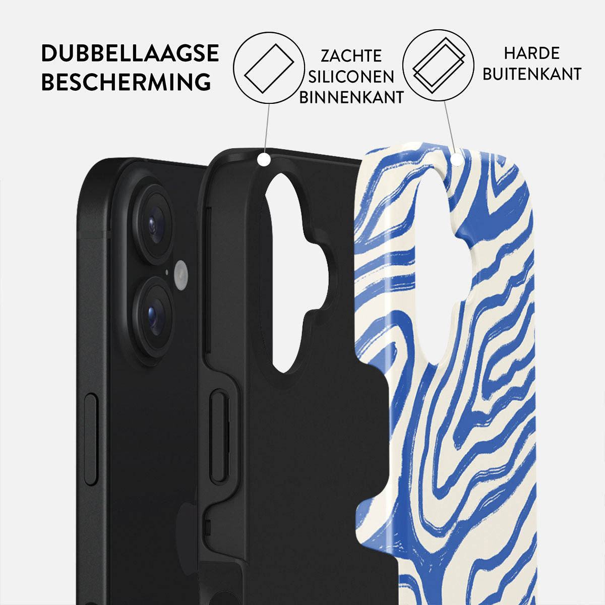 Afbeelding toont een telefoonhoesje met een blauw-wit zebrapatroon. Het bestaat uit een zachte siliconen binnenlaag en een harde buitenlaag.