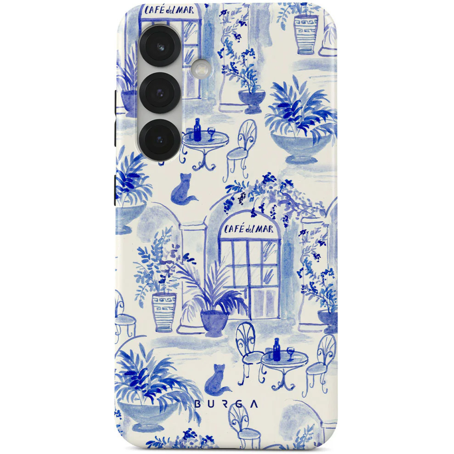 Coque de téléphone bleue et blanche avec une scène de café. Comprend des tables, des chaises, des plantes, des chats et 'Cafe del Mar'.