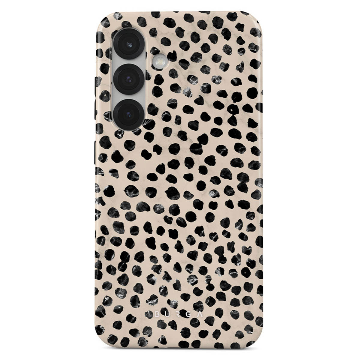 Een telefoonhoesje met een beige achtergrond en zwarte stippen. De hoes heeft drie cameralenzen en een flitser.
