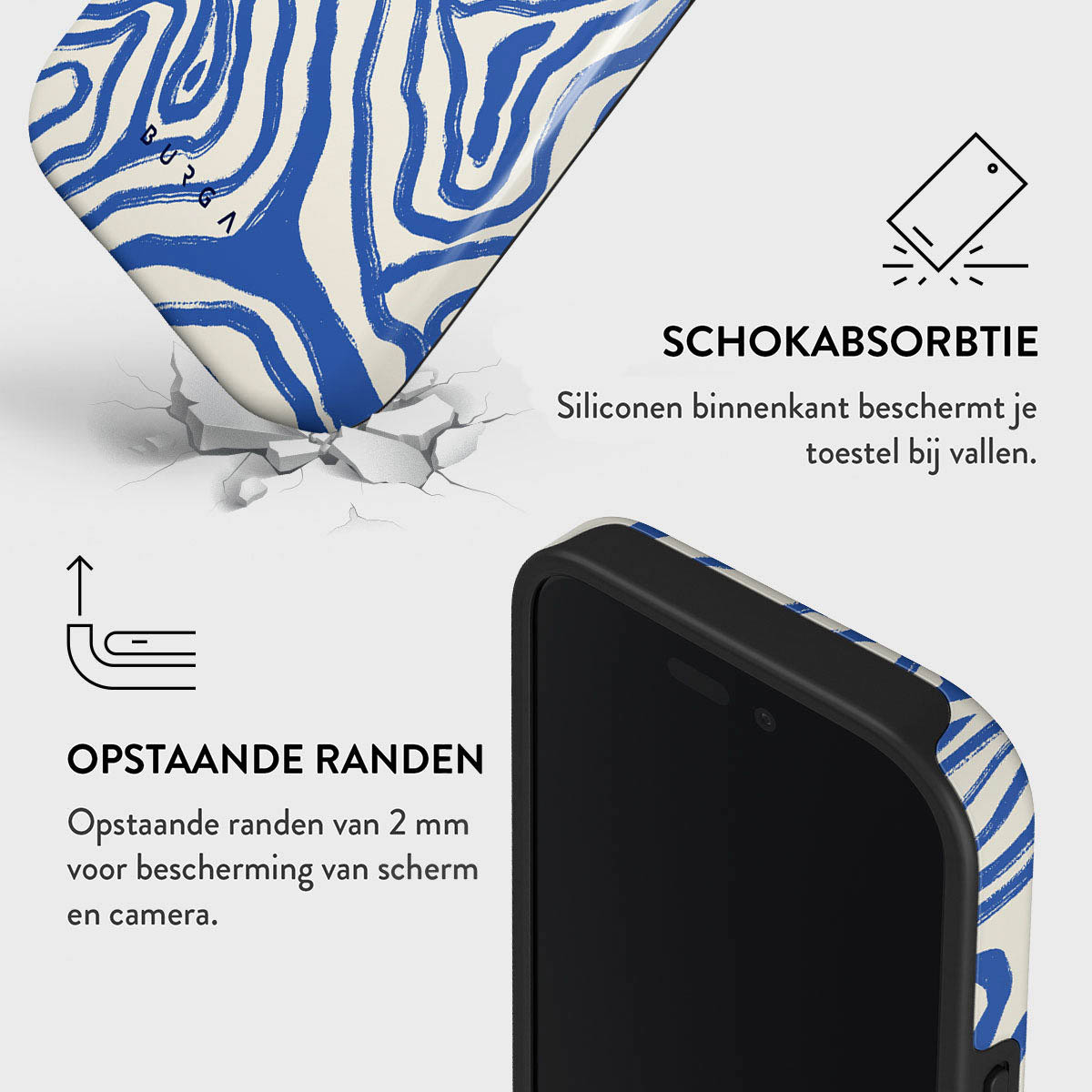 Een telefoonhoesje met blauw-witte zebra strepen. Kenmerken zijn verhoogde randen en schokabsorptie.