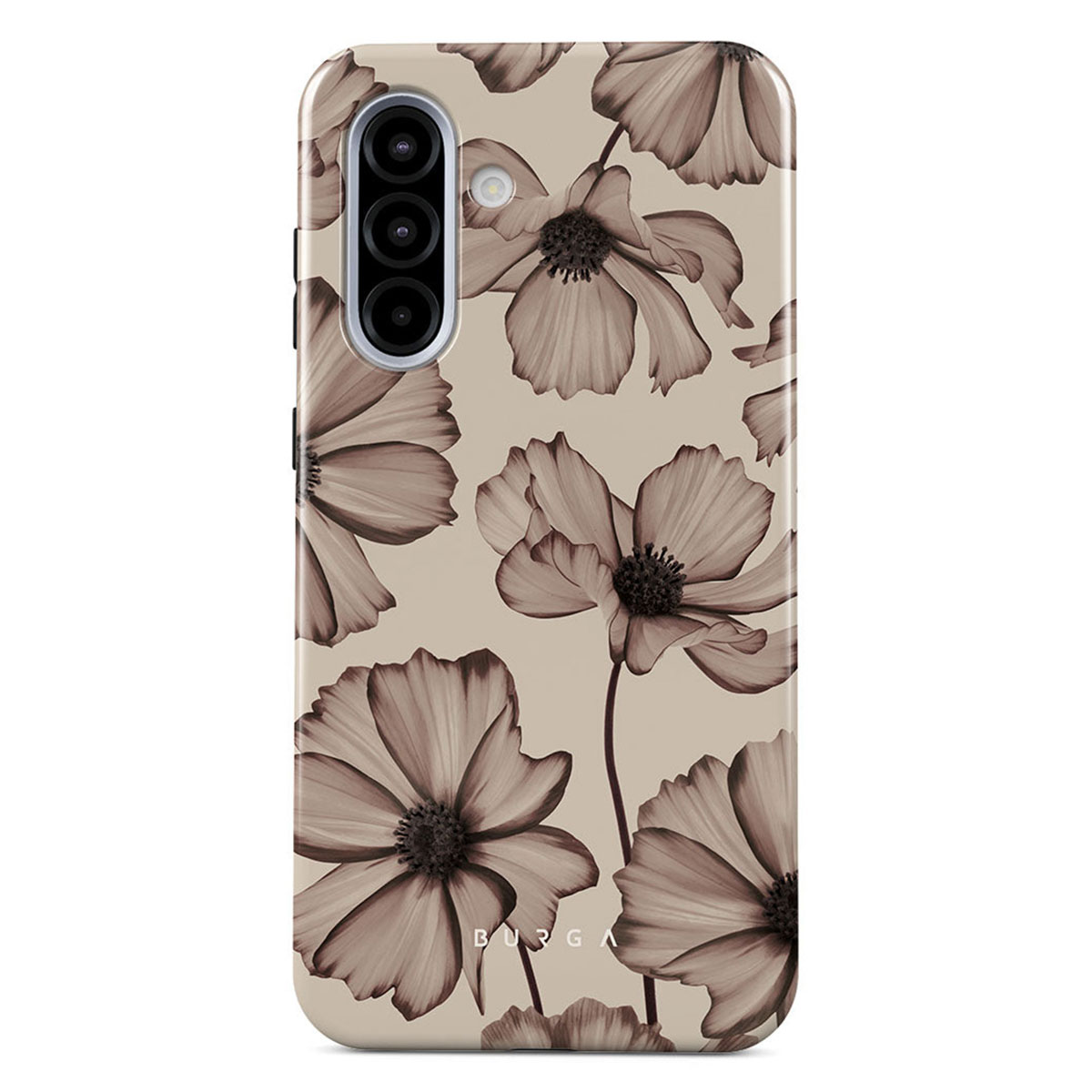 Telefoonhoesje met een bloemenpatroon van bruine bloemen op een beige achtergrond. Het heeft een camera en de merknaam.