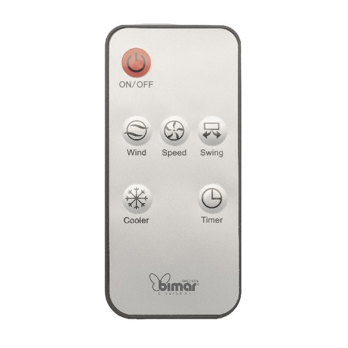 Un telecomando bianco con bordi neri. Ha pulsanti per on/off, vento, velocità, oscillazione, raffreddamento e timer. Il marchio è Bimar.