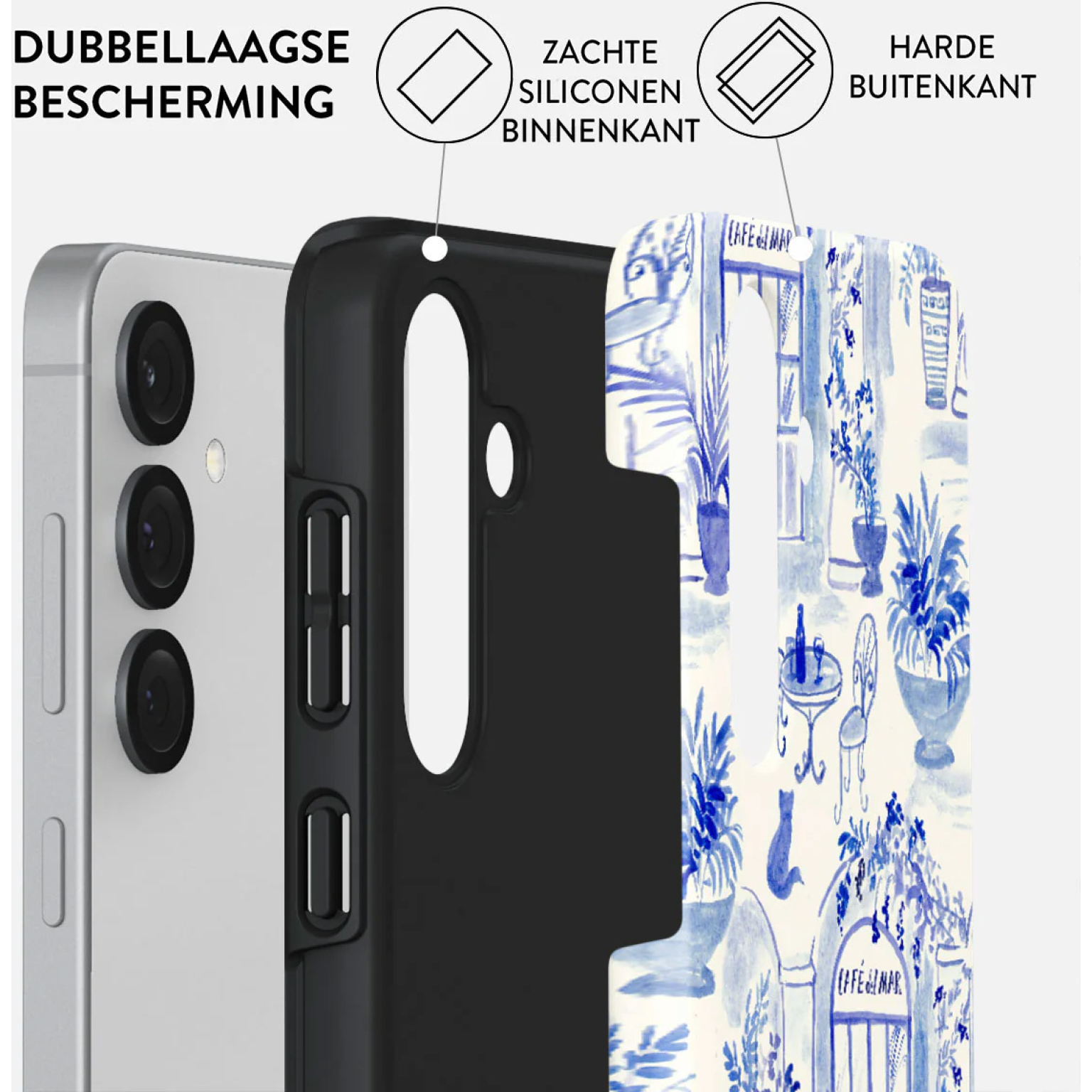 Coque de téléphone. Gauche : téléphone argenté. Centre : coque noire. Droite : design de café bleu. Texte : protection double couche, silicone souple à l'intérieur.