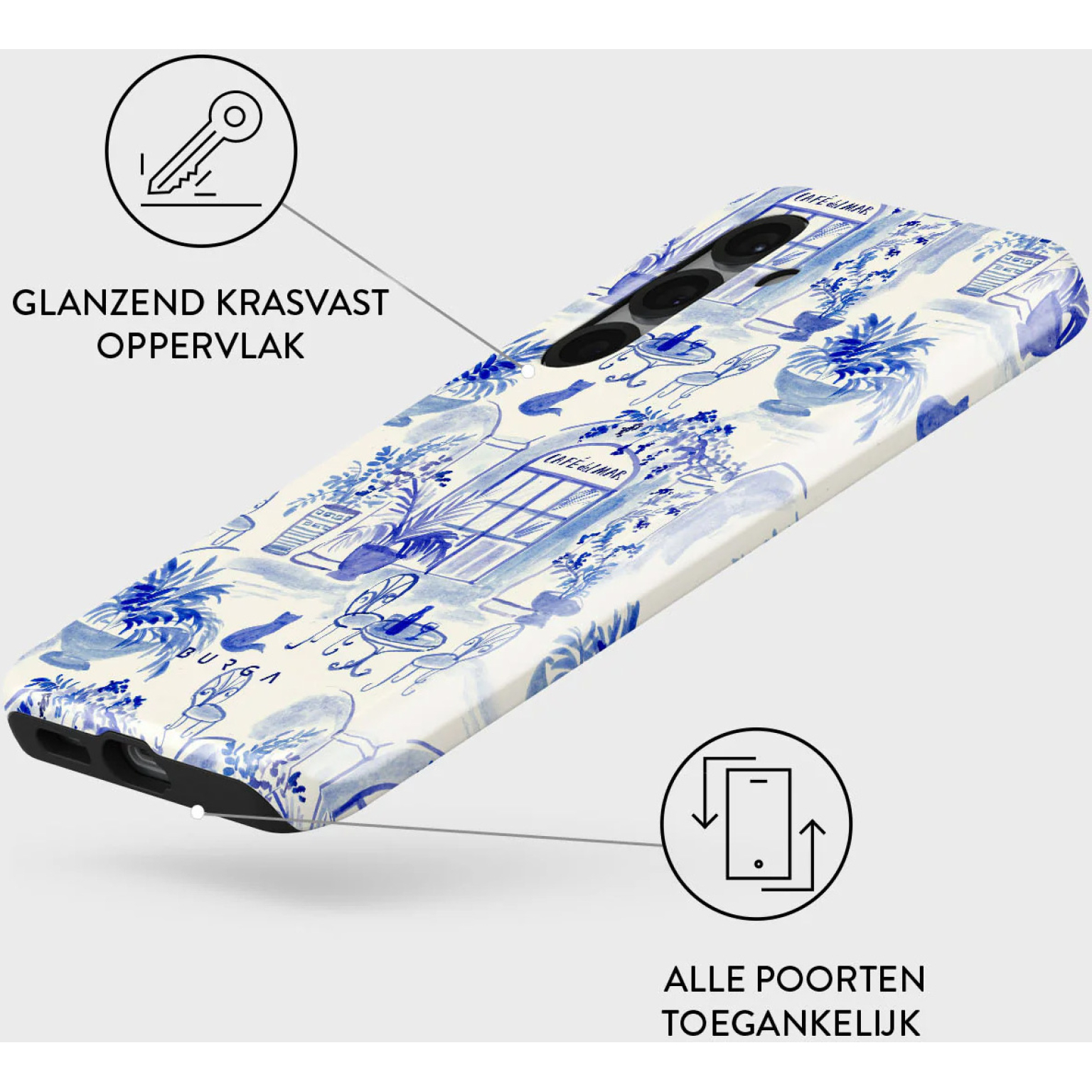 Coque de téléphone avec un design de café bleu et blanc. Comprend une icône de clé, texte 'GLANZEND KRASVAST OPPERVLAK' et icône de téléphone.