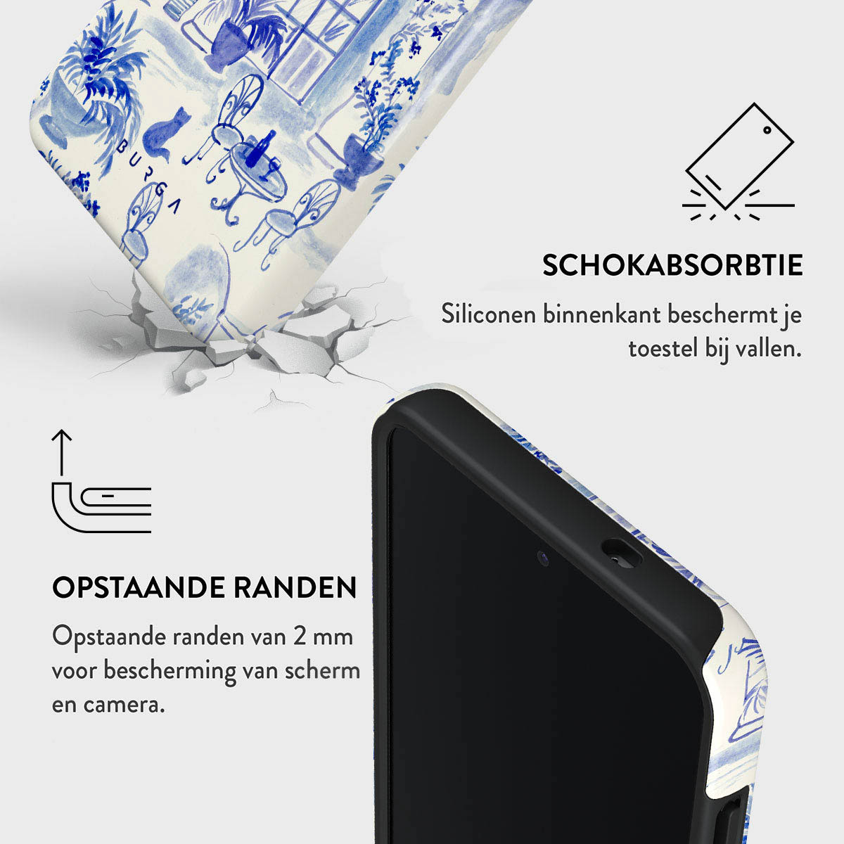 Coque de téléphone avec motif floral bleu, fond craquelé. Texte: absorption des chocs, bords surélevés pour protéger l'écran et la caméra.