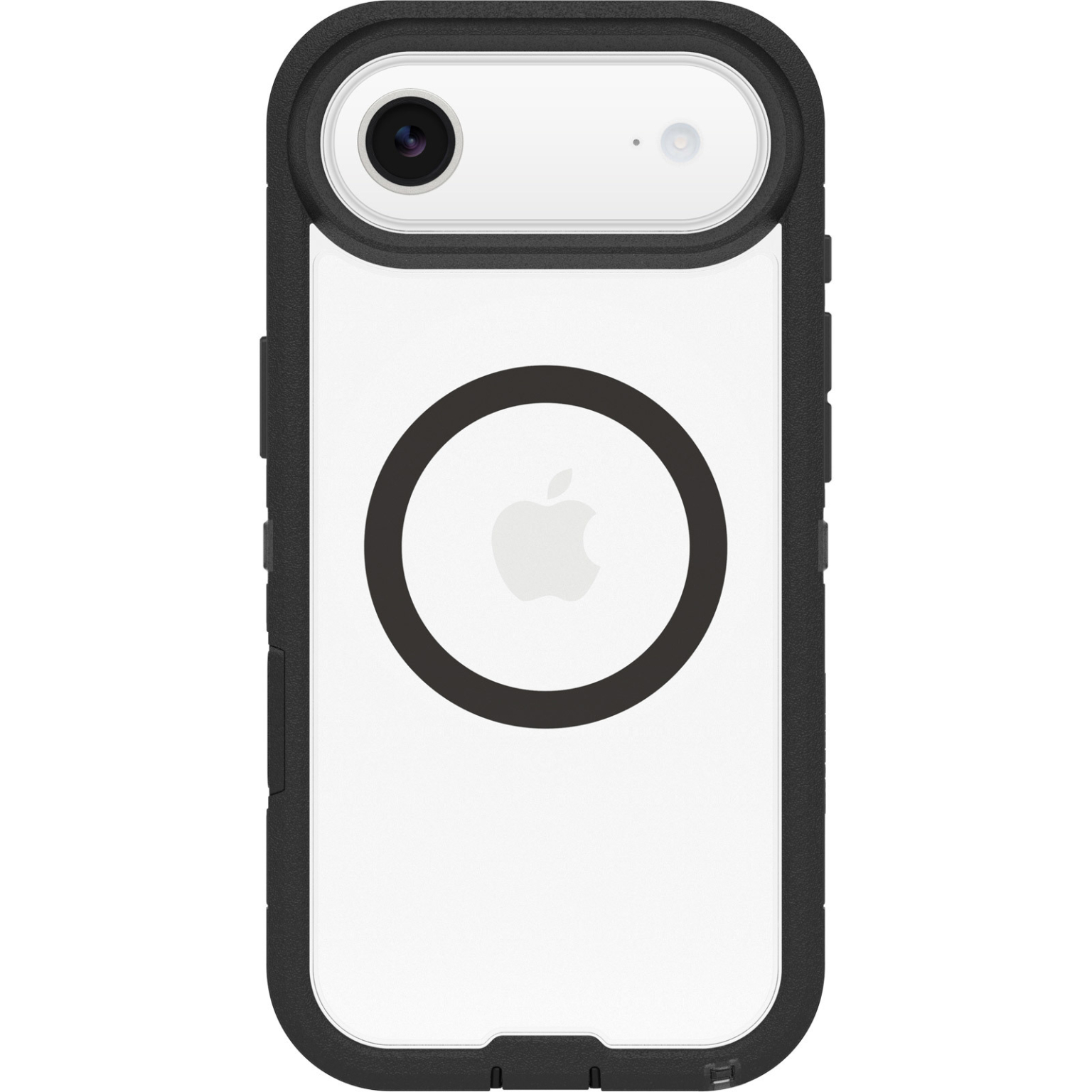 Eine weiße iPhone-Hülle mit schwarzen Rändern. Sie hat einen schwarzen Ring in der Mitte mit einem Apple-Logo. Der Kamerabereich ist weiß und schwarz.