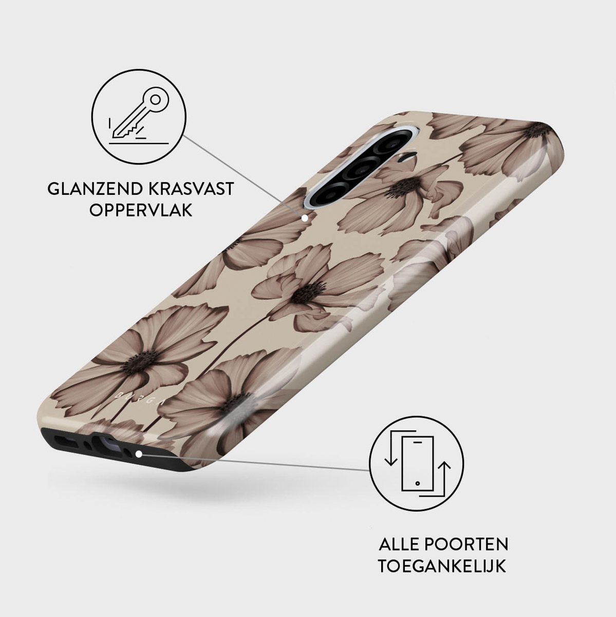 Telefoonhoesje met bloemenontwerp. Beige achtergrond met bruine bloemen. Kenmerken: glanzend, krasvast oppervlak en toegankelijke poorten.