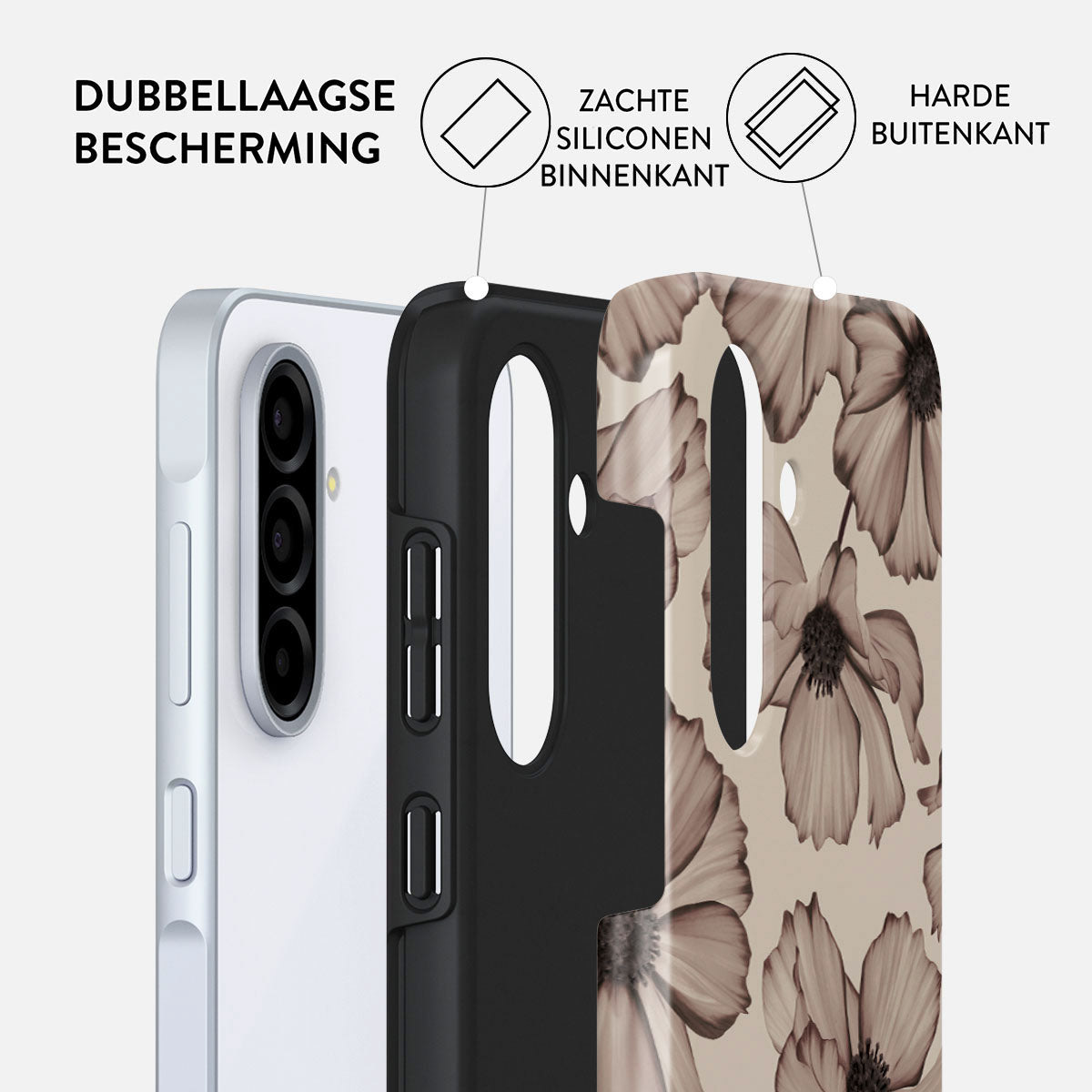 Telefoonhoesje met een bloemenpatroon. Het heeft dubbele bescherming, een zachte siliconen binnenkant en een harde buitenkant.