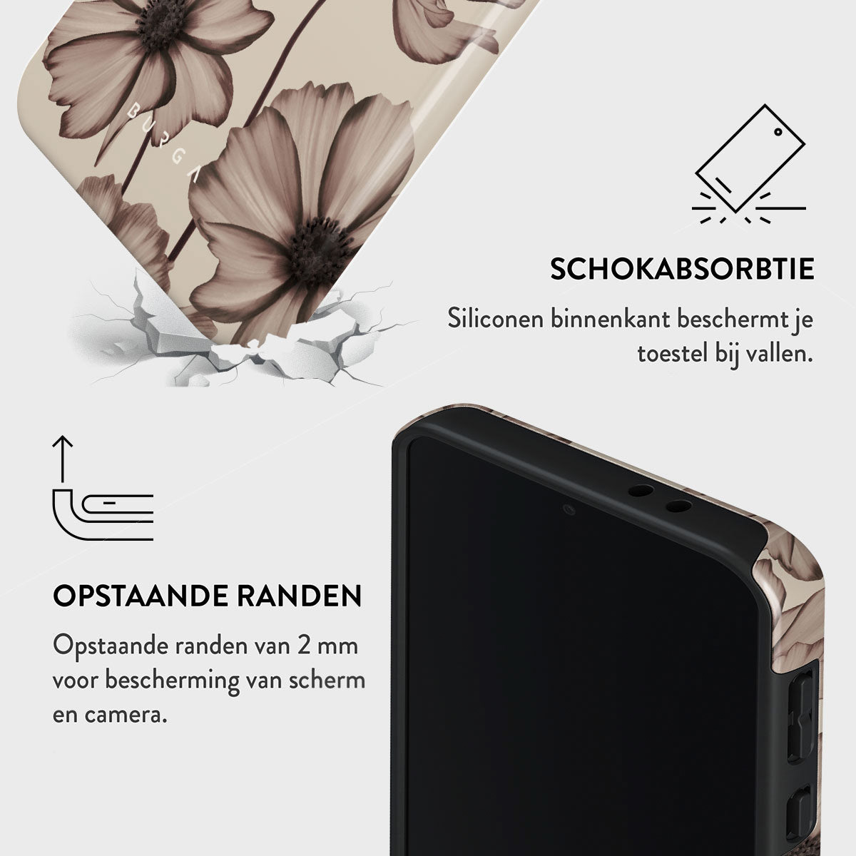 Telefoonhoesje met bloemenmotief. Kenmerken: verhoogde randen voor scherm- en camerabescherming, schokabsorptie.