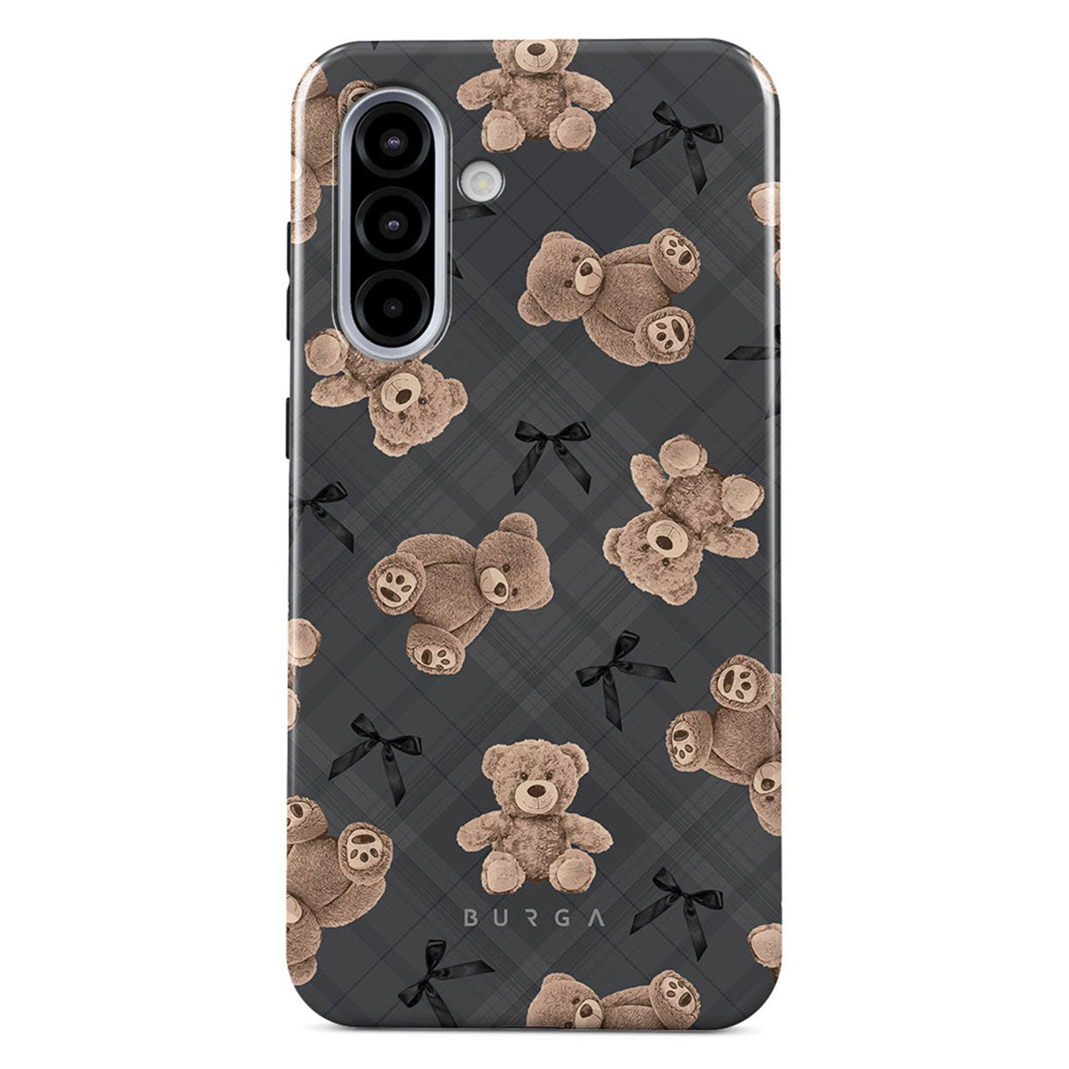 Telefoonhoesje met bruine teddyberen en zwarte strikken op een grijze geruite achtergrond. BURGA-logo zichtbaar.