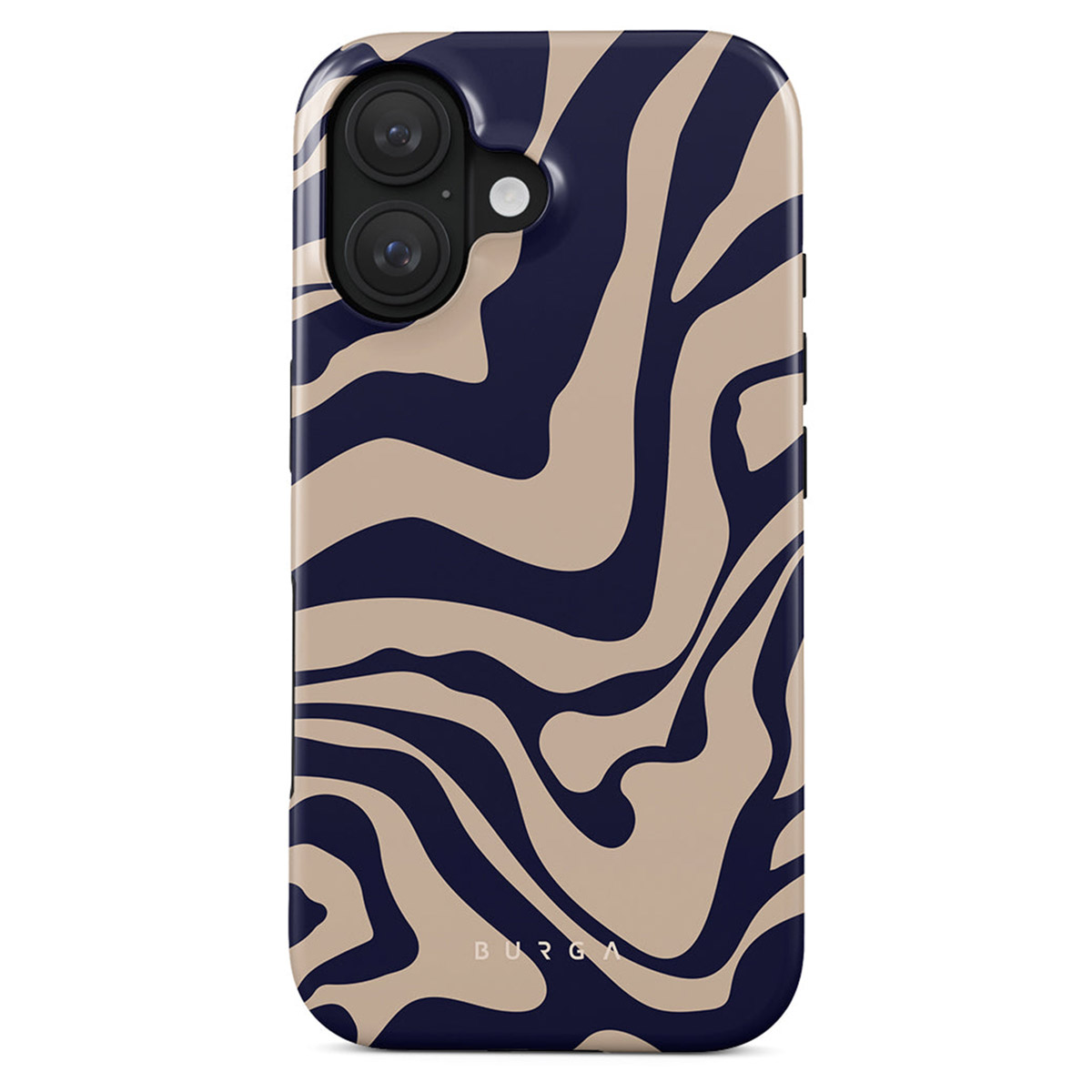 Coque de téléphone avec motif ondulé bleu et beige. Deux lentilles de caméra en haut. La marque 'BURGA' est en bas.