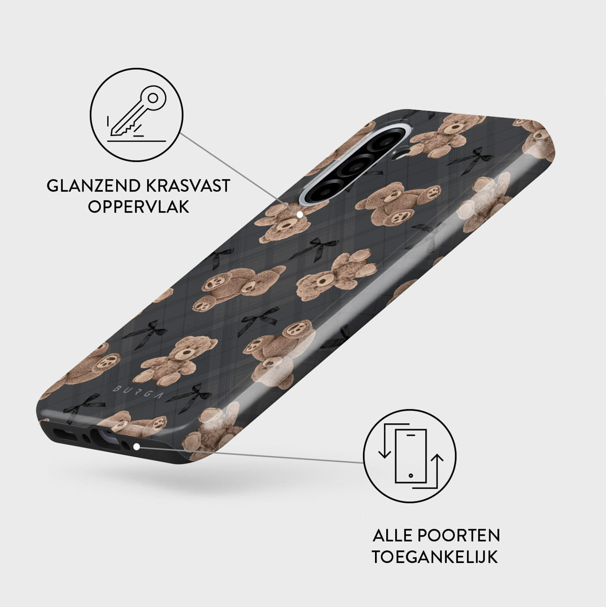 Telefoonhoesje met teddybeerpatroon. Beren zijn bruin op een donkergrijze achtergrond met zwarte strikken. Tekst: Glanzend krasvast oppervlak.