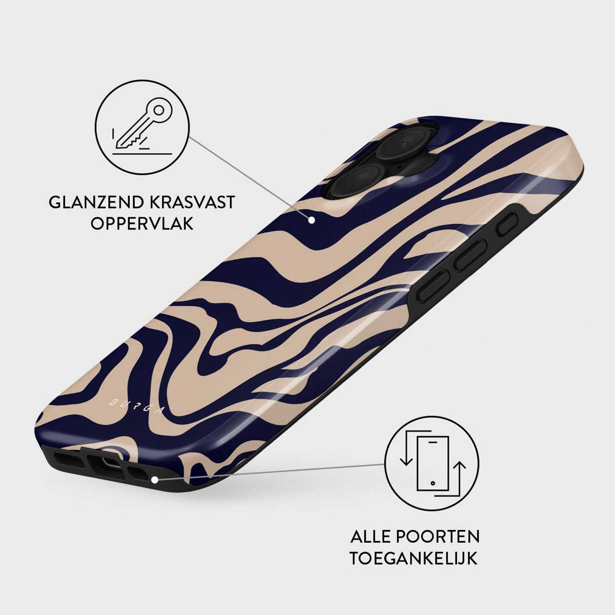 Coque de téléphone avec un motif zébré crème et marine. Le texte indique une surface brillante, résistante aux rayures et des ports accessibles.