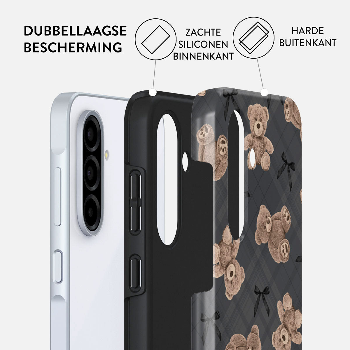 Telefoonhoesje met teddybeerpatroon. De hoes is gelaagd, met een zachte siliconen binnenkant en een harde buitenkant.