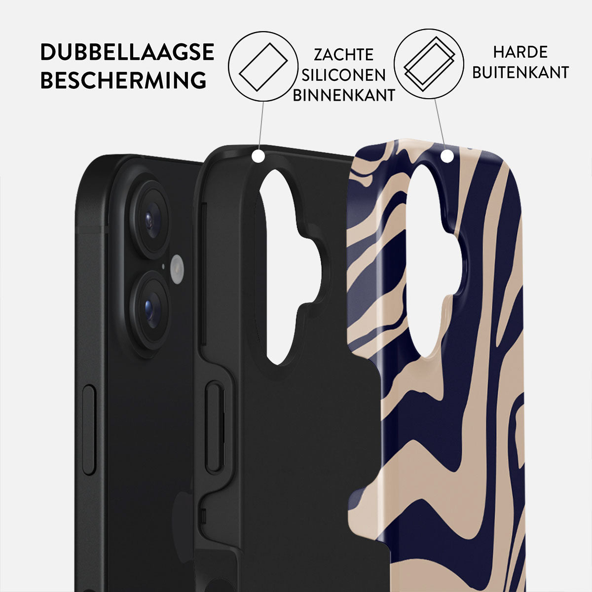 Coque de téléphone montrant les couches: téléphone, couche interne noire et couche externe à motifs avec des rayures bleues et beiges. Étiquettes de texte décrivent.
