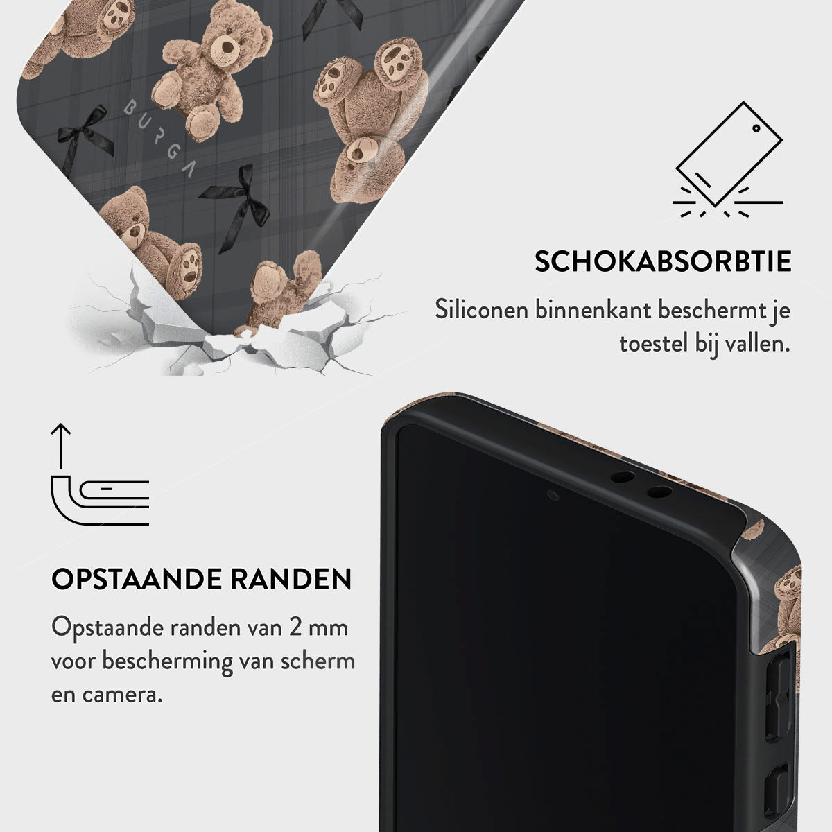 Een telefoonhoesje met teddybeerpatroon. Tekst: Schokabsorptie, verhoogde randen.
