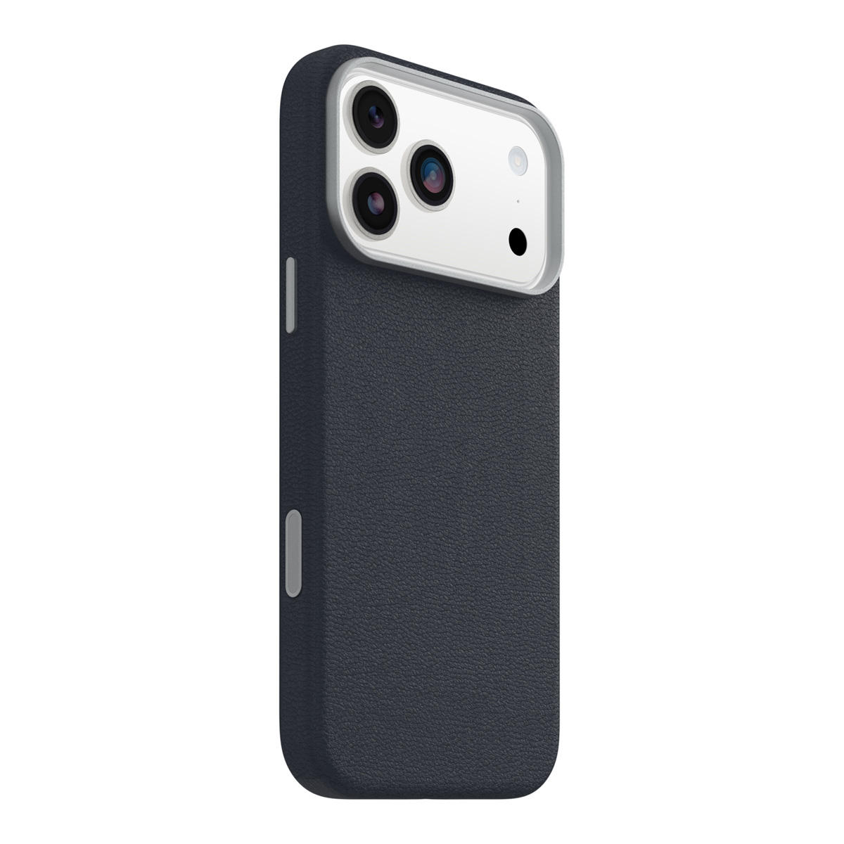 Een donkerblauwe telefoonhoes met een cameramodule. Het heeft drie lenzen en een flitser. De hoes is getextureerd en heeft knoppen.