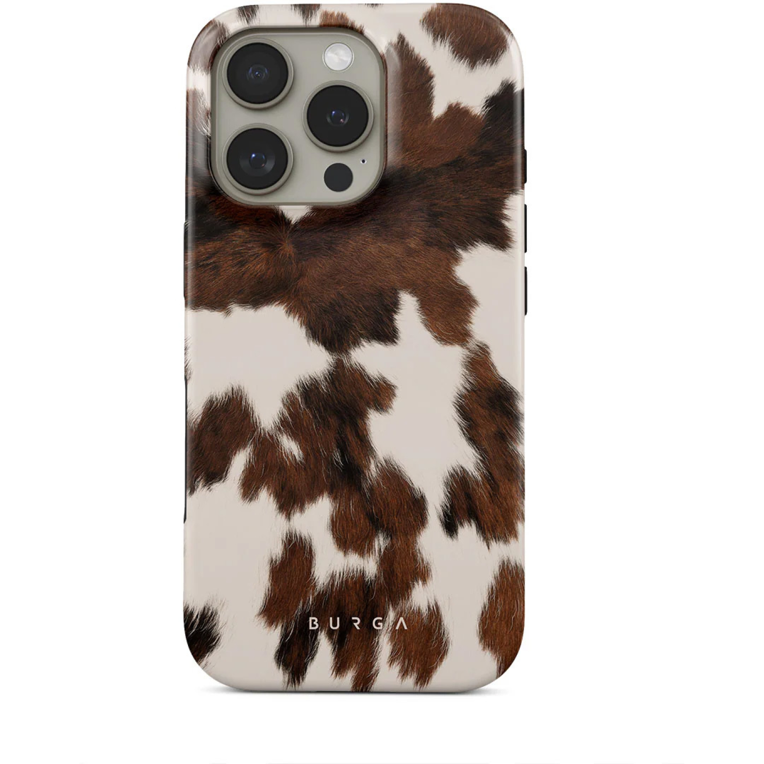 Une coque de téléphone avec un motif de peau de vache. La coque a un design marron et blanc avec une découpe pour la caméra. La marque BURGA est visible.