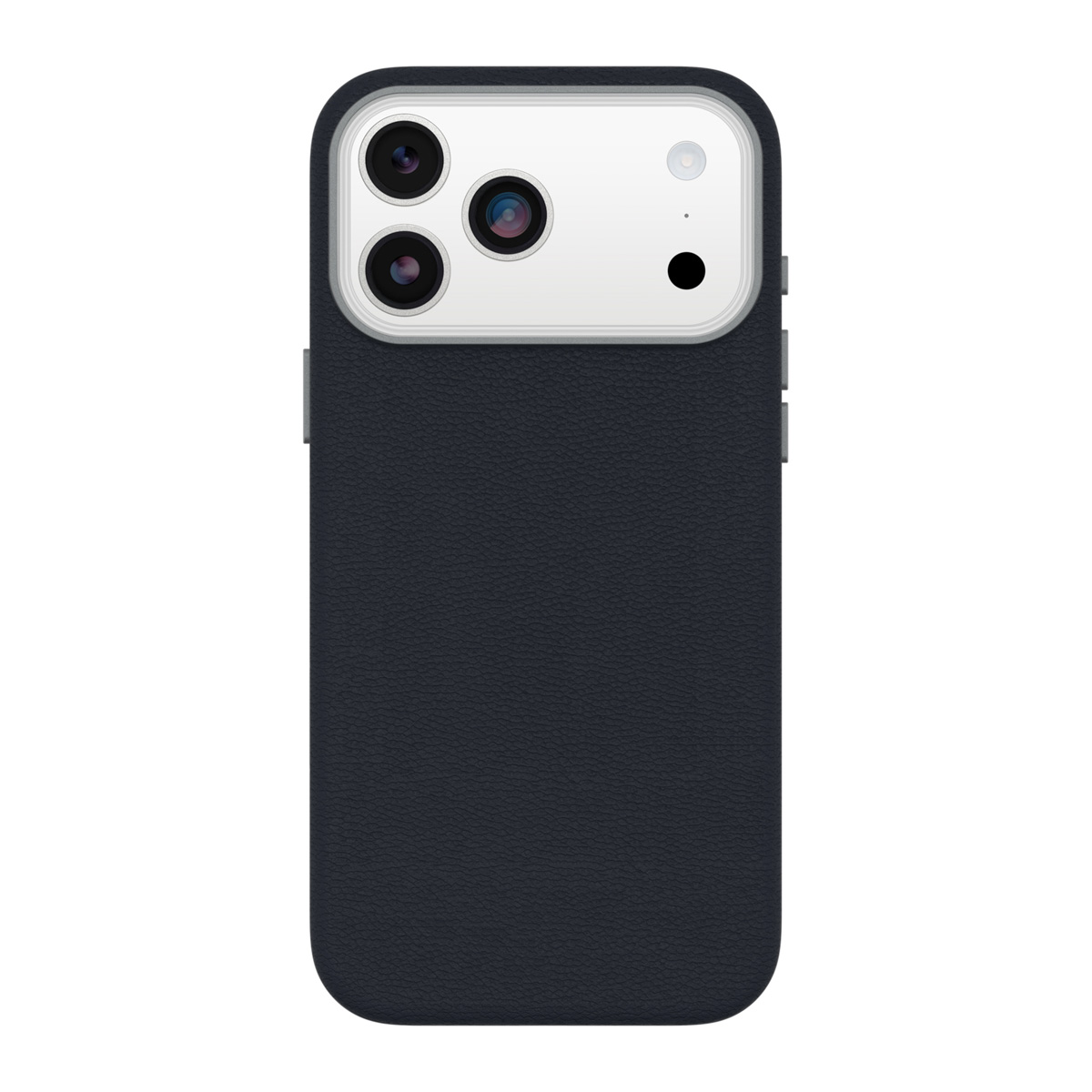 Donkerblauwe leren telefoonhoes met drievoudige cameralens en wit camerakader op witte achtergrond.
