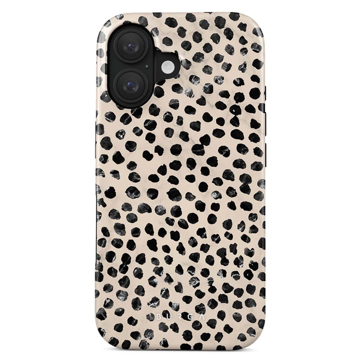 Een telefoonhoesje met een beige achtergrond en zwarte stippen. De bovenkant heeft de camera van de telefoon.