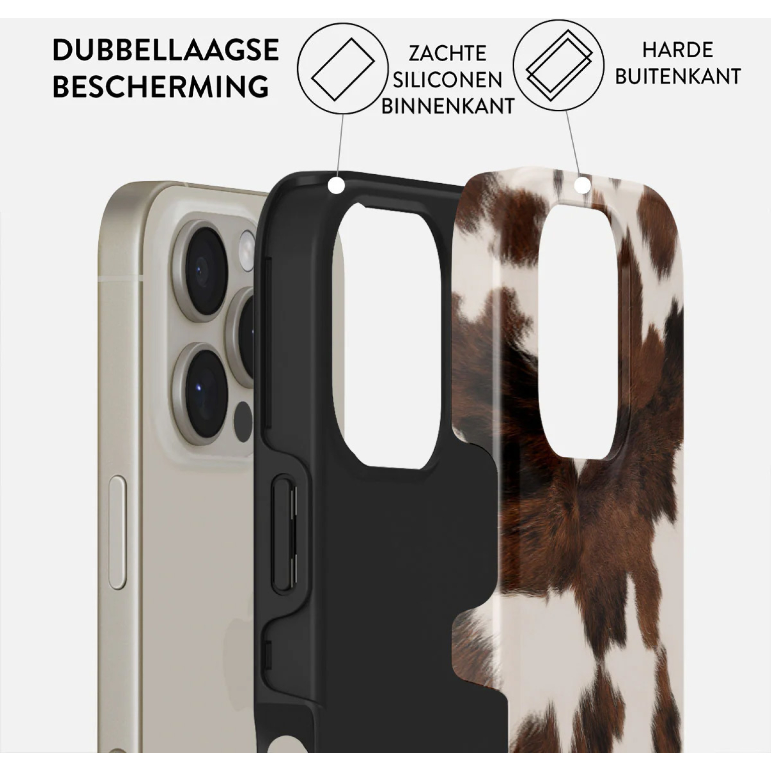 Image d'une coque de téléphone avec protection double couche. La coque a une couche intérieure en silicone souple et une couche extérieure dure.
