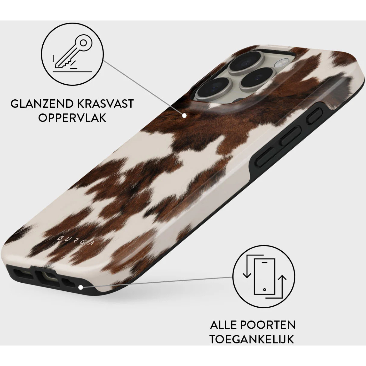 Une coque de téléphone avec un motif de peau de vache marron et blanc. Elle a un cadre noir et le mot 'BURGA' est visible.
