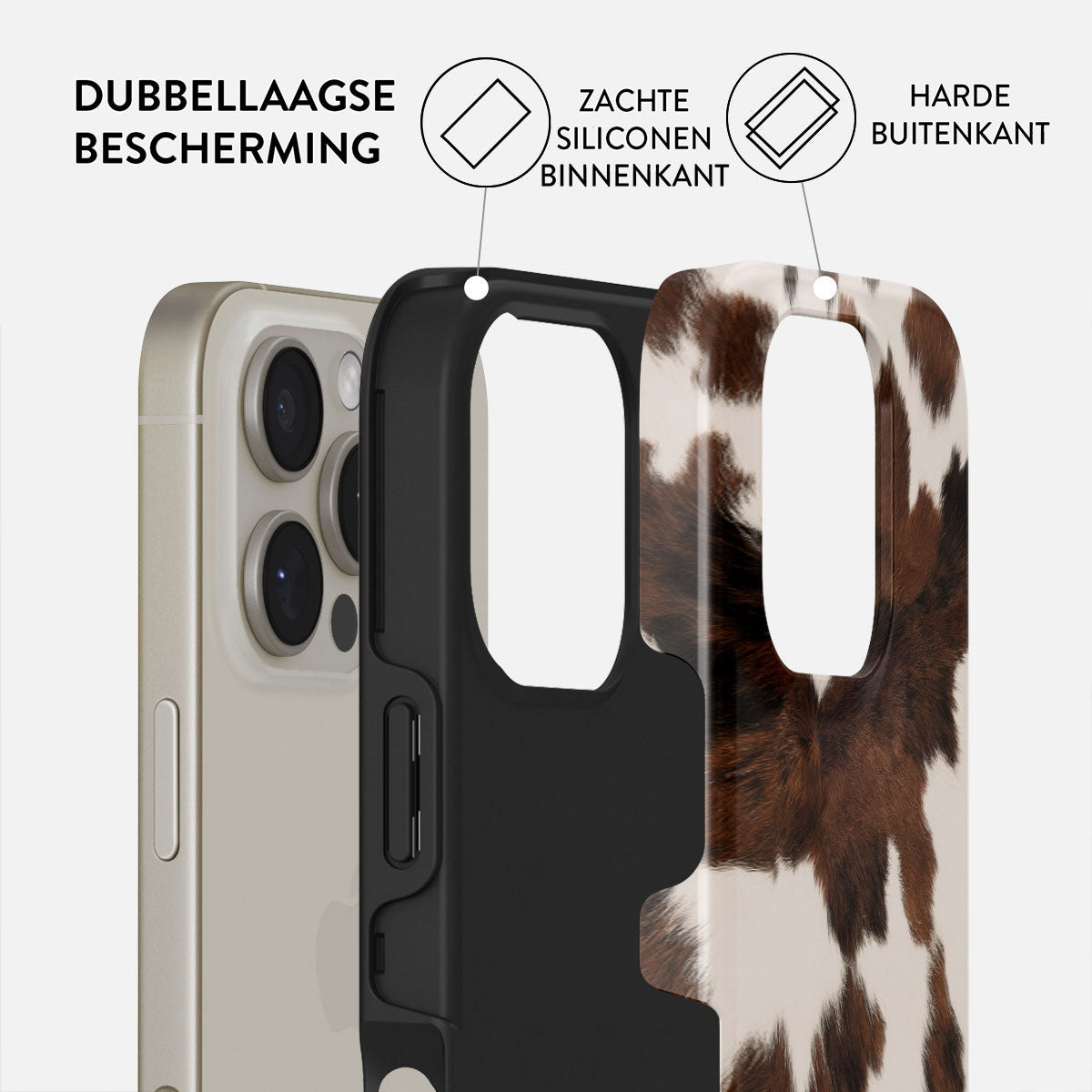 Une coque de téléphone avec un motif de peau de vache. Elle est composée d'une couche intérieure en silicone souple et d'une couche extérieure dure.