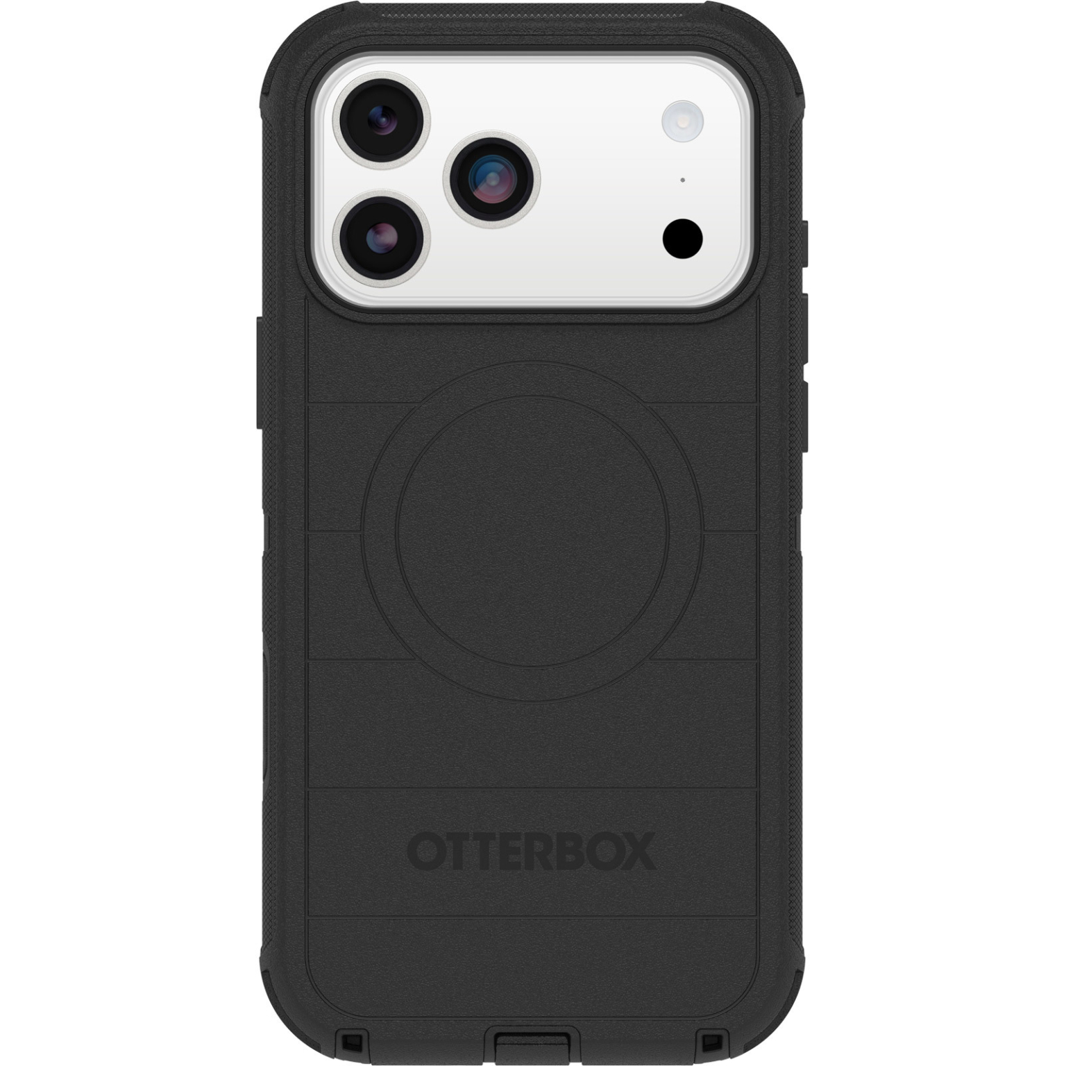 Schwarze Otterbox-Handyhülle. Die Hülle hat ein kreisförmiges Design und das Otterbox-Logo.