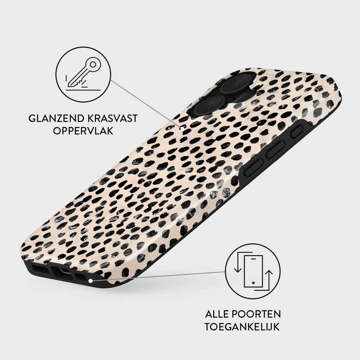 Telefoonhoesje met zwarte stippen op beige. Tekst: glanzend krasvast oppervlak, alle poorten toegankelijk. Sleutel- en telefoonicoon.