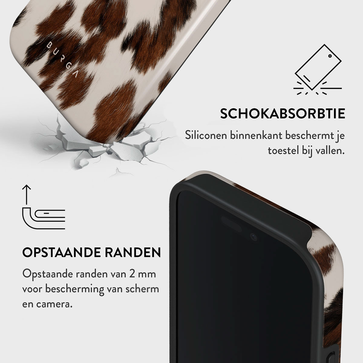 Coque de téléphone avec motif vache, cadre noir. Texte : absorption des chocs, bords surélevés pour protection écran et caméra.