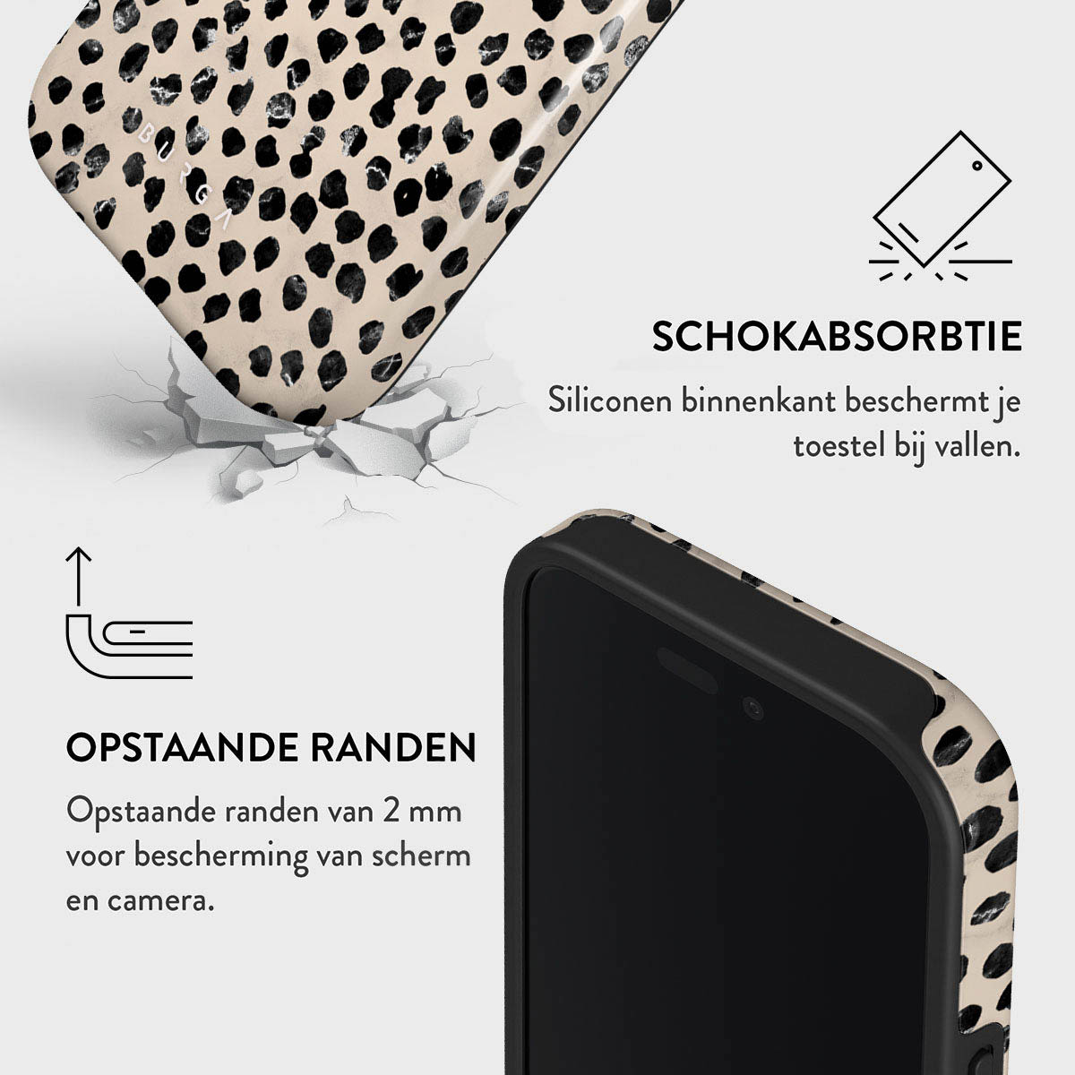 Telefoonhoesje met zwarte stippen, beschermende functies en designelementen, met een telefoon in de hoes.