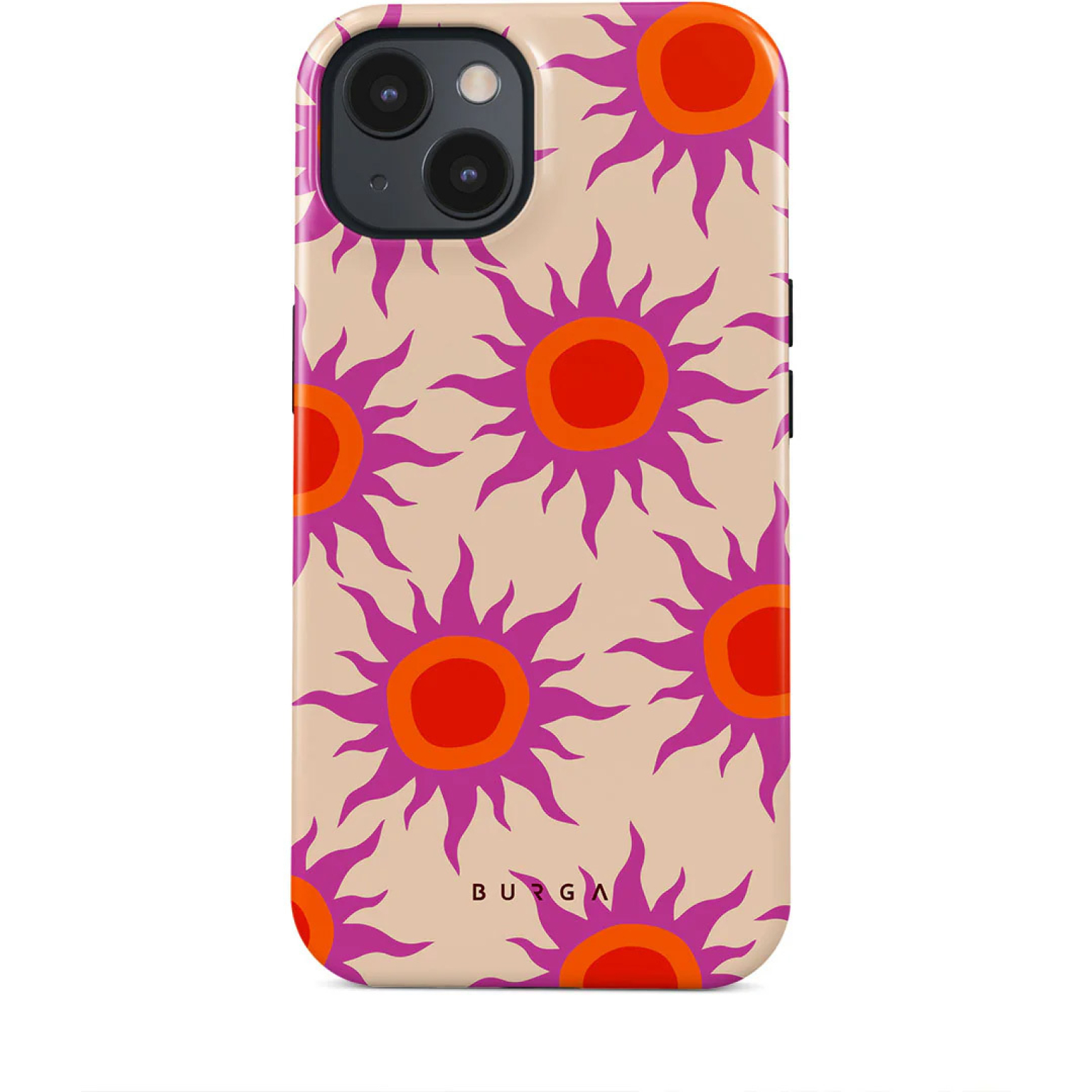 Une coque de téléphone avec un motif de soleils stylisés. Chaque soleil a un centre rouge, un anneau orange et des rayons violets sur fond beige.