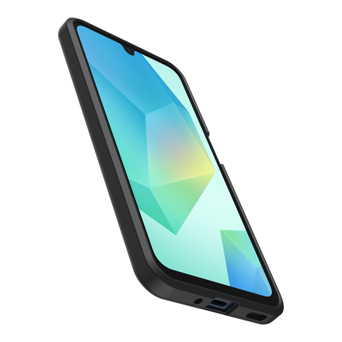 Un smartphone noir avec un design géométrique coloré sur l'écran, légèrement incliné sur un fond blanc.