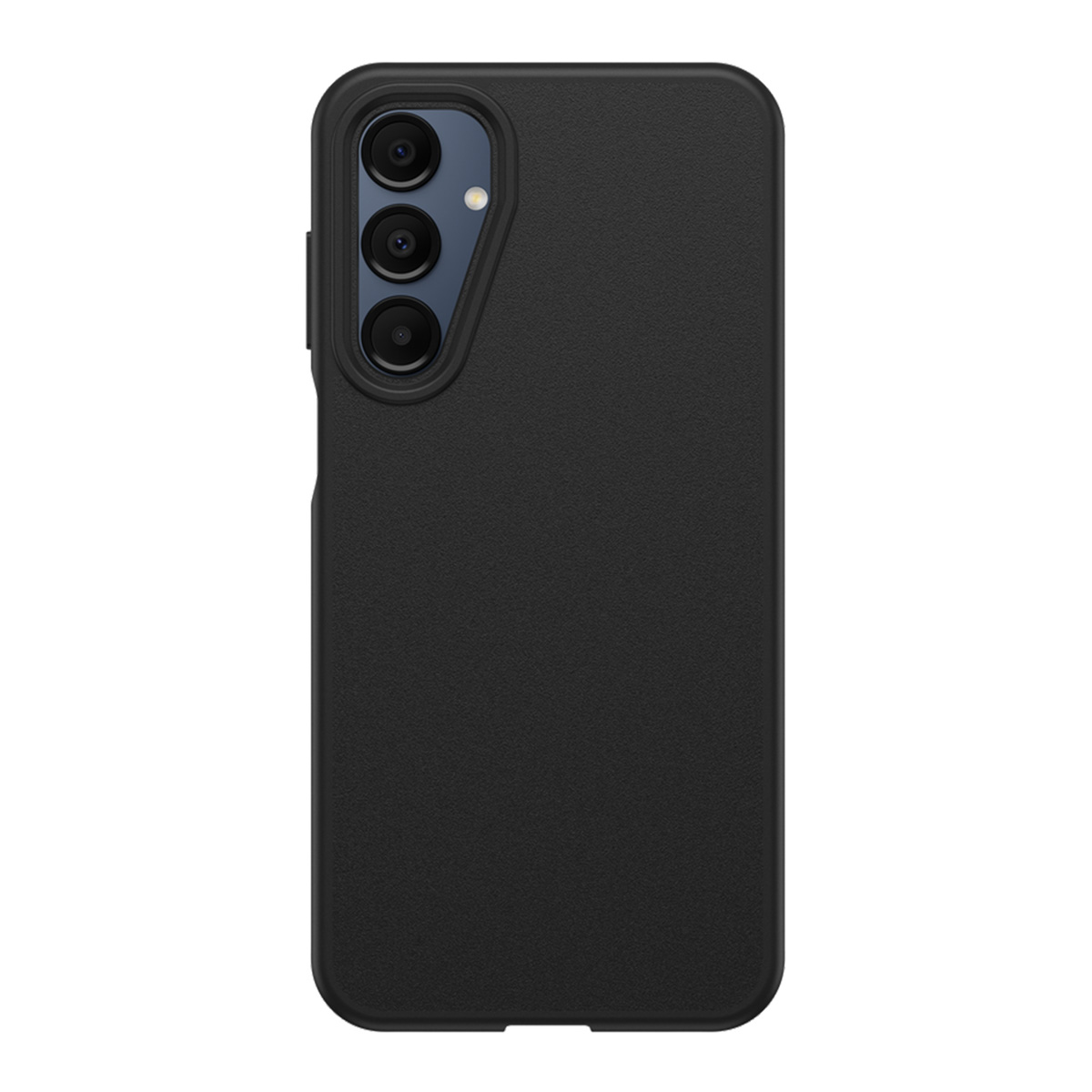 Une coque de téléphone noire avec trois objectifs d'appareil photo. Elle a une surface texturée. La coque est rectangulaire.