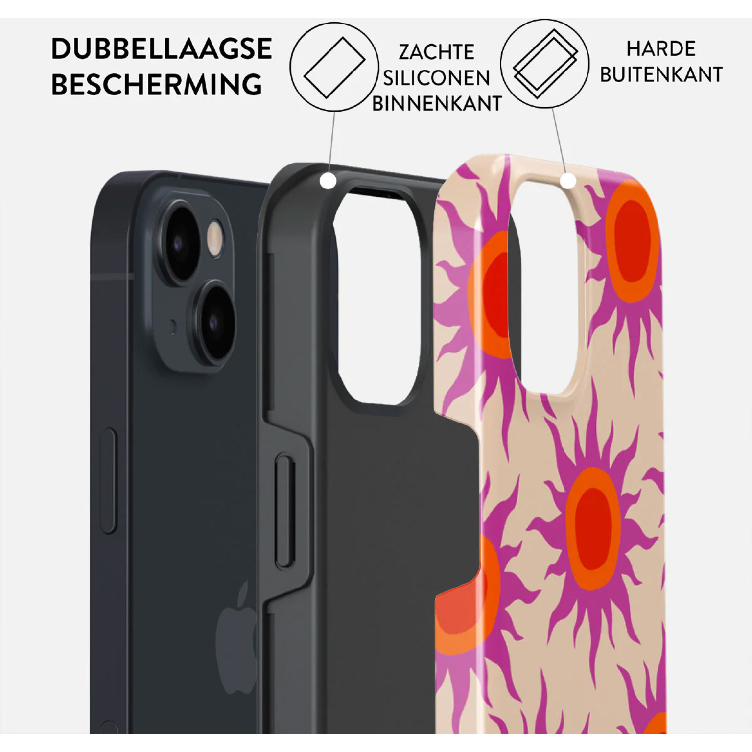 Couches de l'étui : téléphone, étui intérieur noir, étui extérieur à motifs de soleils. Textes : protection double couche, silicone souple à l'intérieur, dur à l'extérieur.