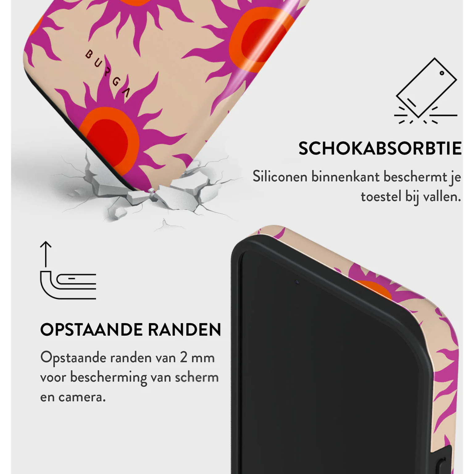 Une coque de téléphone avec un design ensoleillé et des accents violets. La coque semble absorber les chocs, avec des bords surélevés pour la protection de l'écran.
