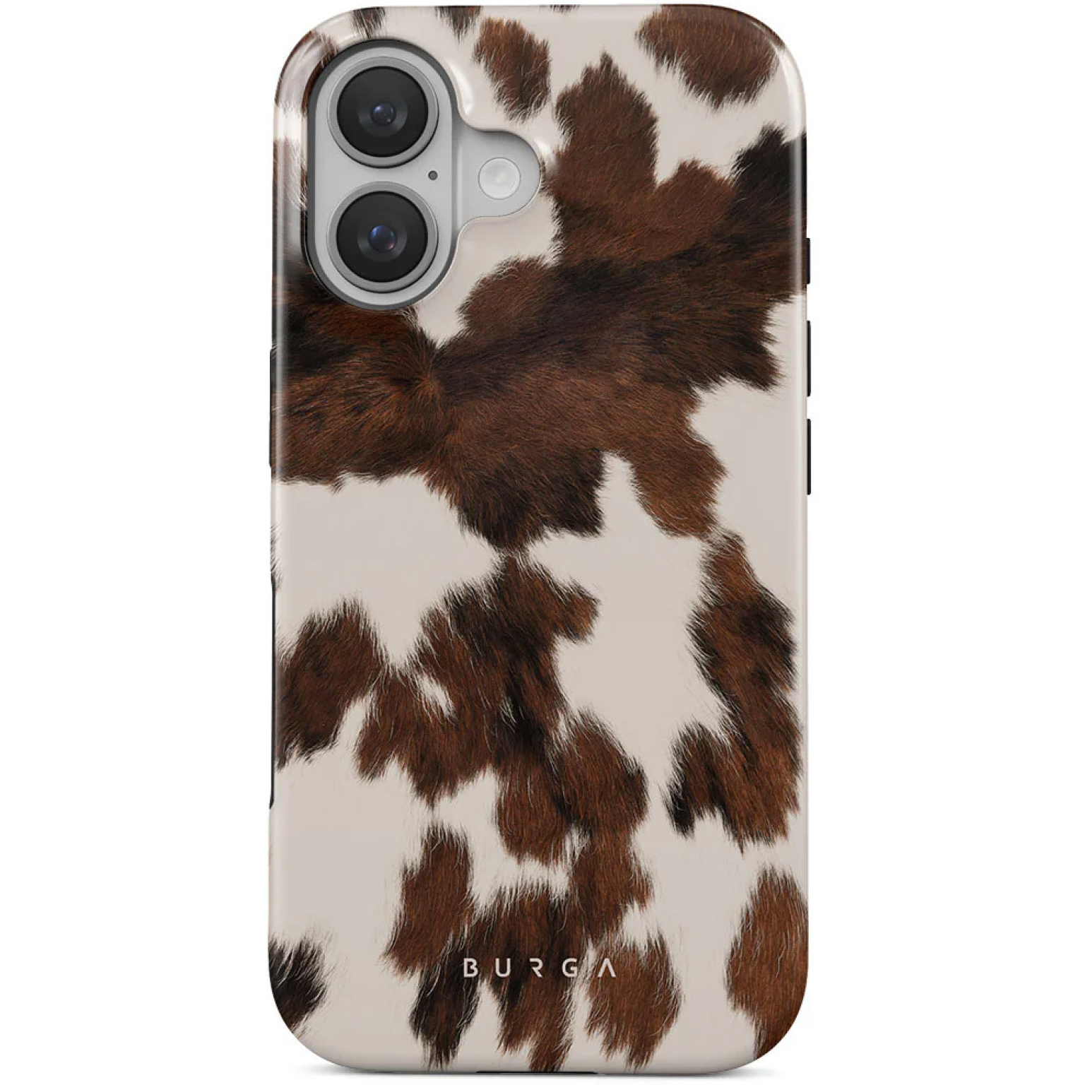 Een telefoonhoesje met een koeienhuidpatroon. Het heeft bruine en witte vlekken en de camera is zichtbaar bovenaan.