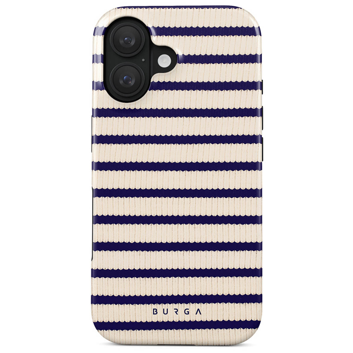 Een telefoonhoesje met een crèmekleurig en marineblauw gestreept patroon. De hoes heeft uitsparingen voor de camera en de merknaam BURGA staat onderaan.
