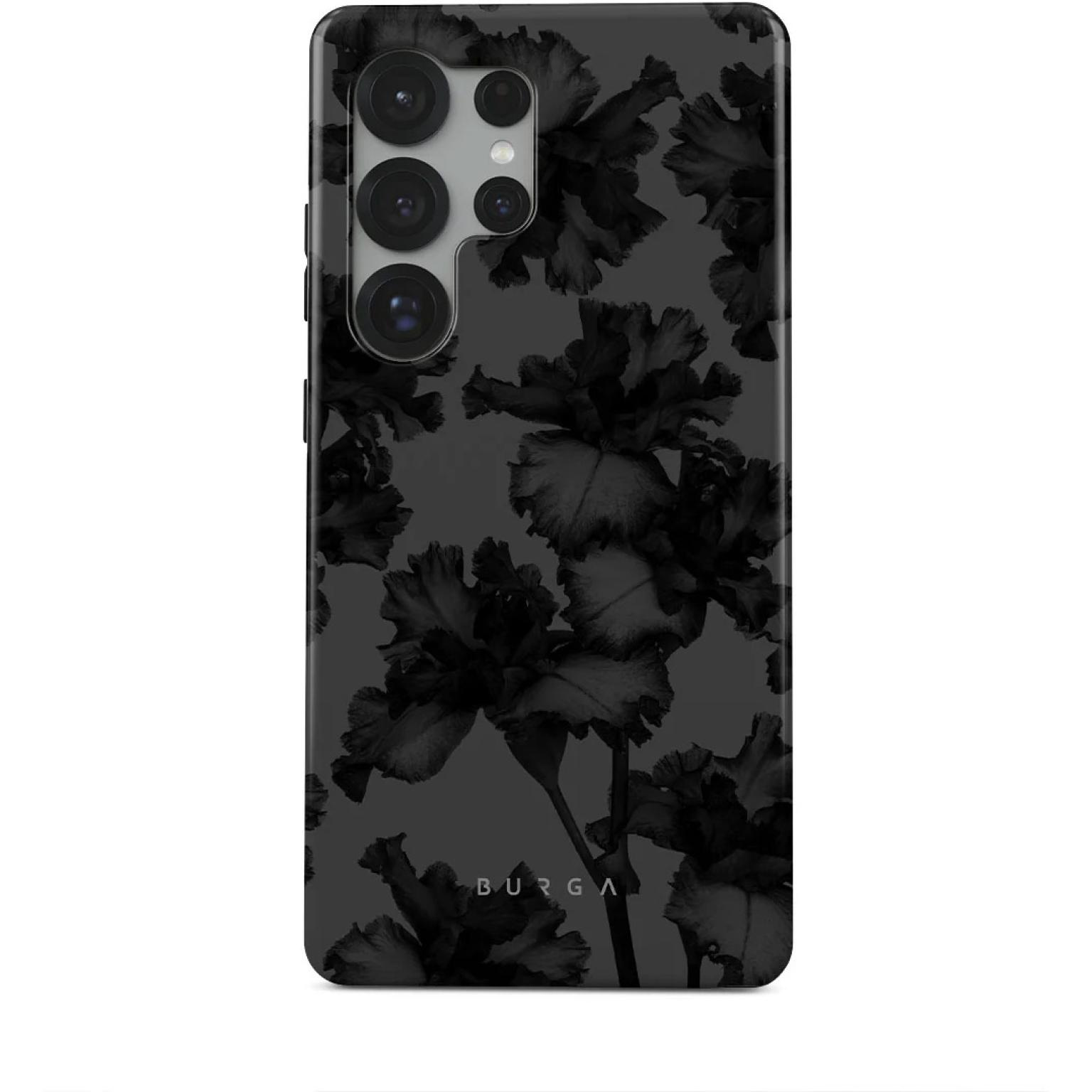 Een smartphonehoesje met donker bloemdesign. Zwarte irissen op een grijze achtergrond. De merknaam 'BURGA' is onderaan zichtbaar.