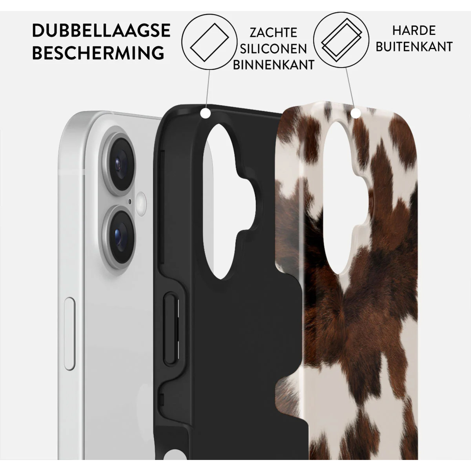 Telefoonhoesje met koeienprint, zwarte en witte delen. Tekst: 'dubbellaagse bescherming'.