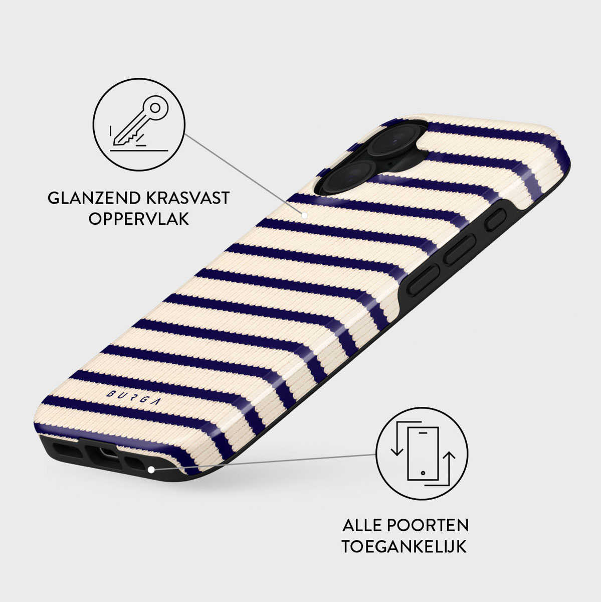 Een telefoonhoesje met een crème- en marineblauw gestreept patroon. De hoes ligt op een wit oppervlak, met tekst en iconen.