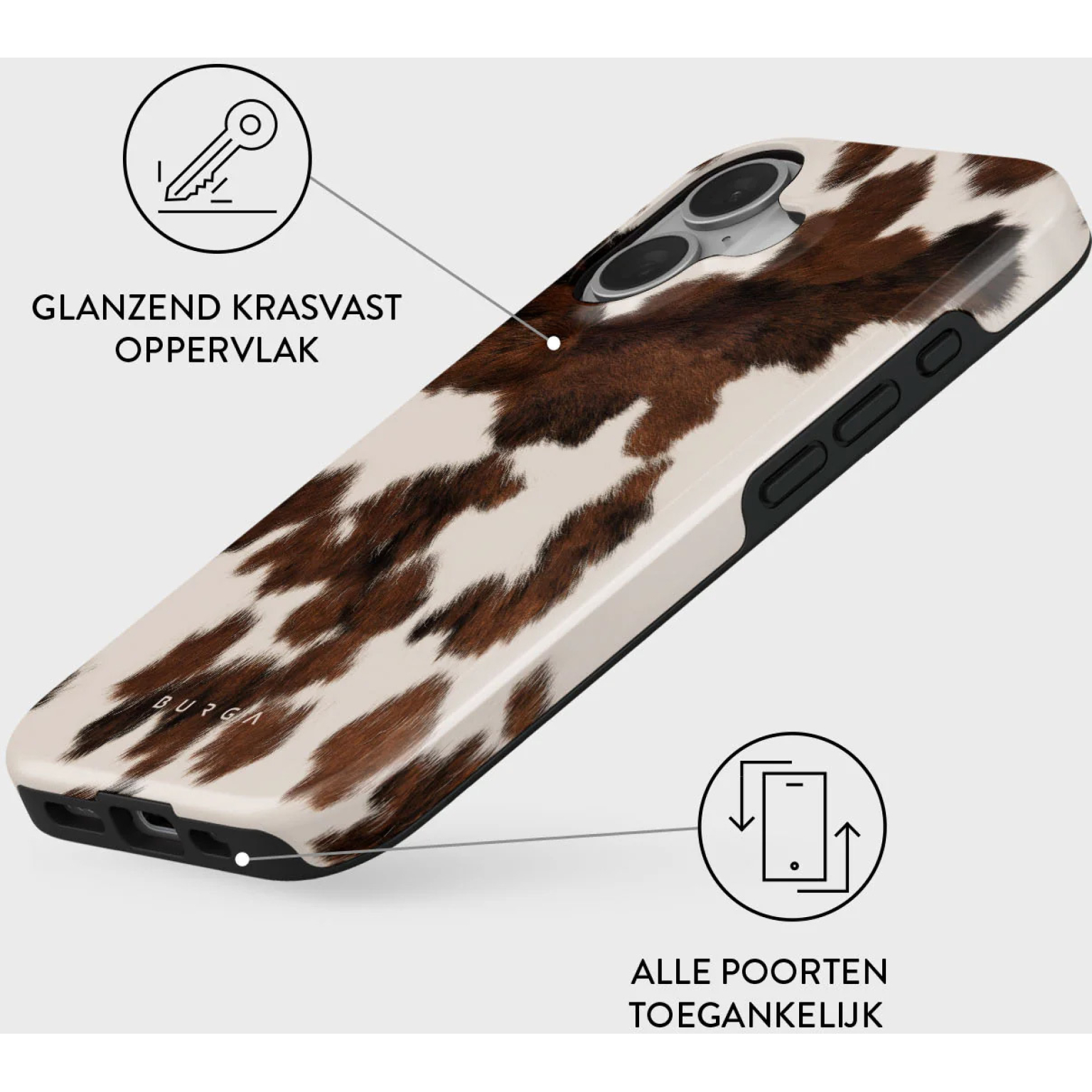 Een iPhone-hoesje met koeienhuidpatroon, bruin en wit. Glanzend, krasbestendig oppervlak. Alle poorten zijn toegankelijk. BURGA.