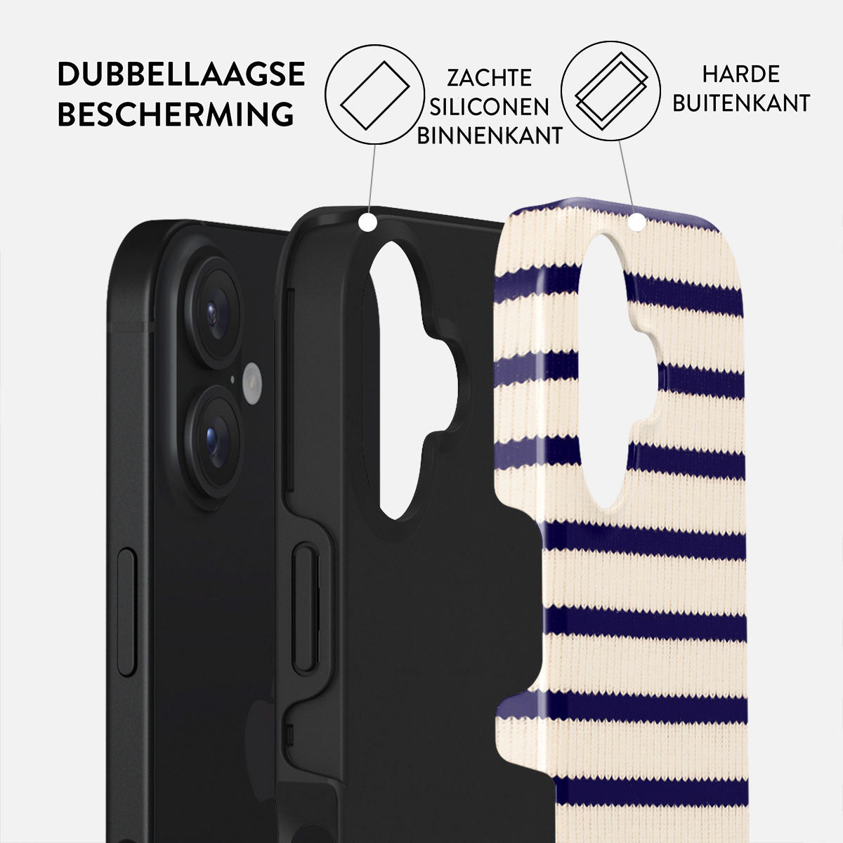 Close-up van een telefoon in een hoesje. De hoes is gelaagd, met een zwarte binnenlaag en een gestreepte buitenlaag in blauw en beige.